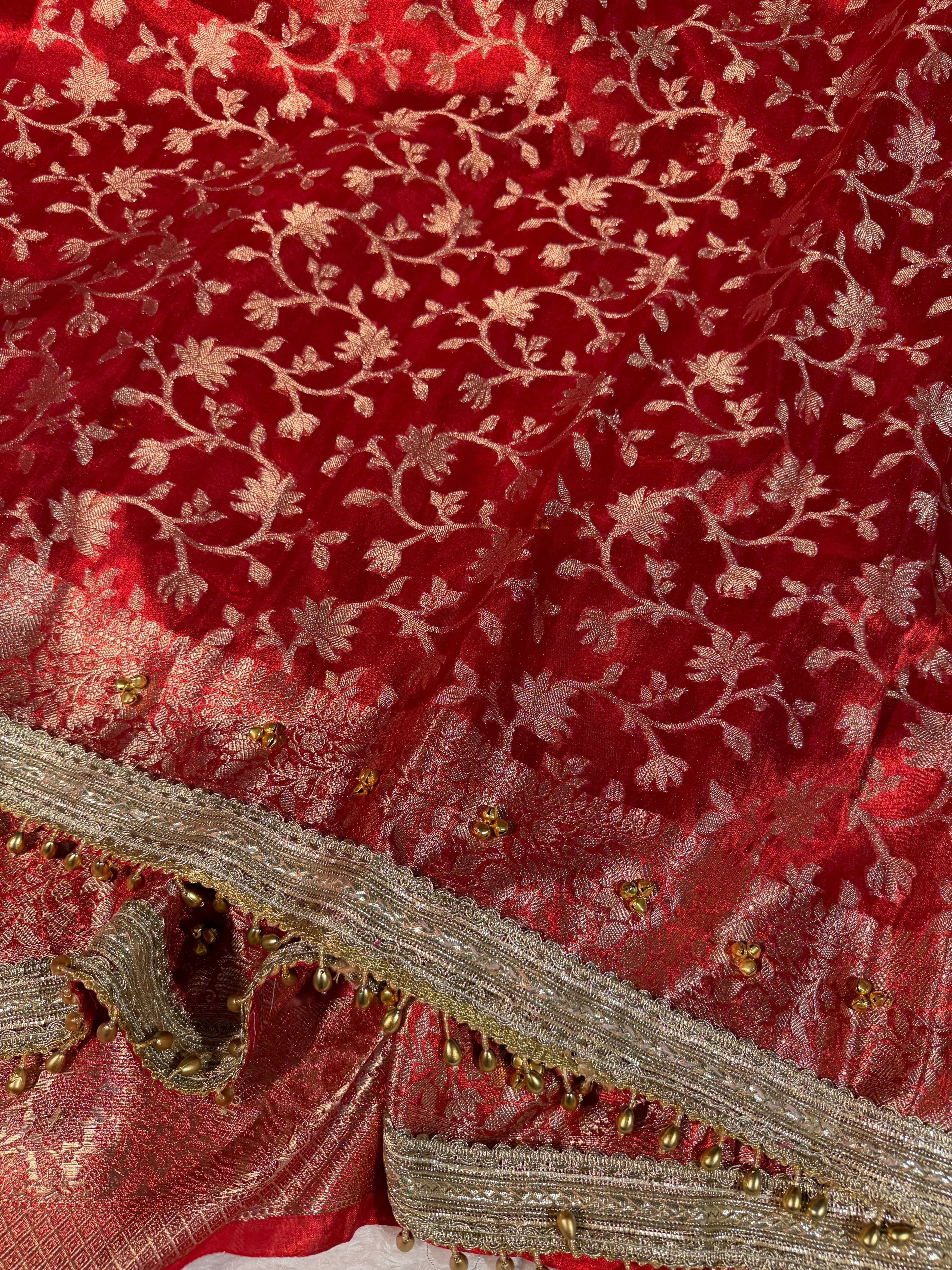 Ghungroo Handwork Bridal Red Premium Tissue Silk Banarasi Saree
