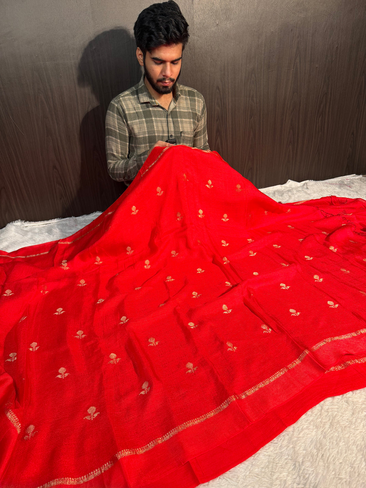 Bridal Red Premium Viscose Georgette Silk Banarasi Saree with Tassles