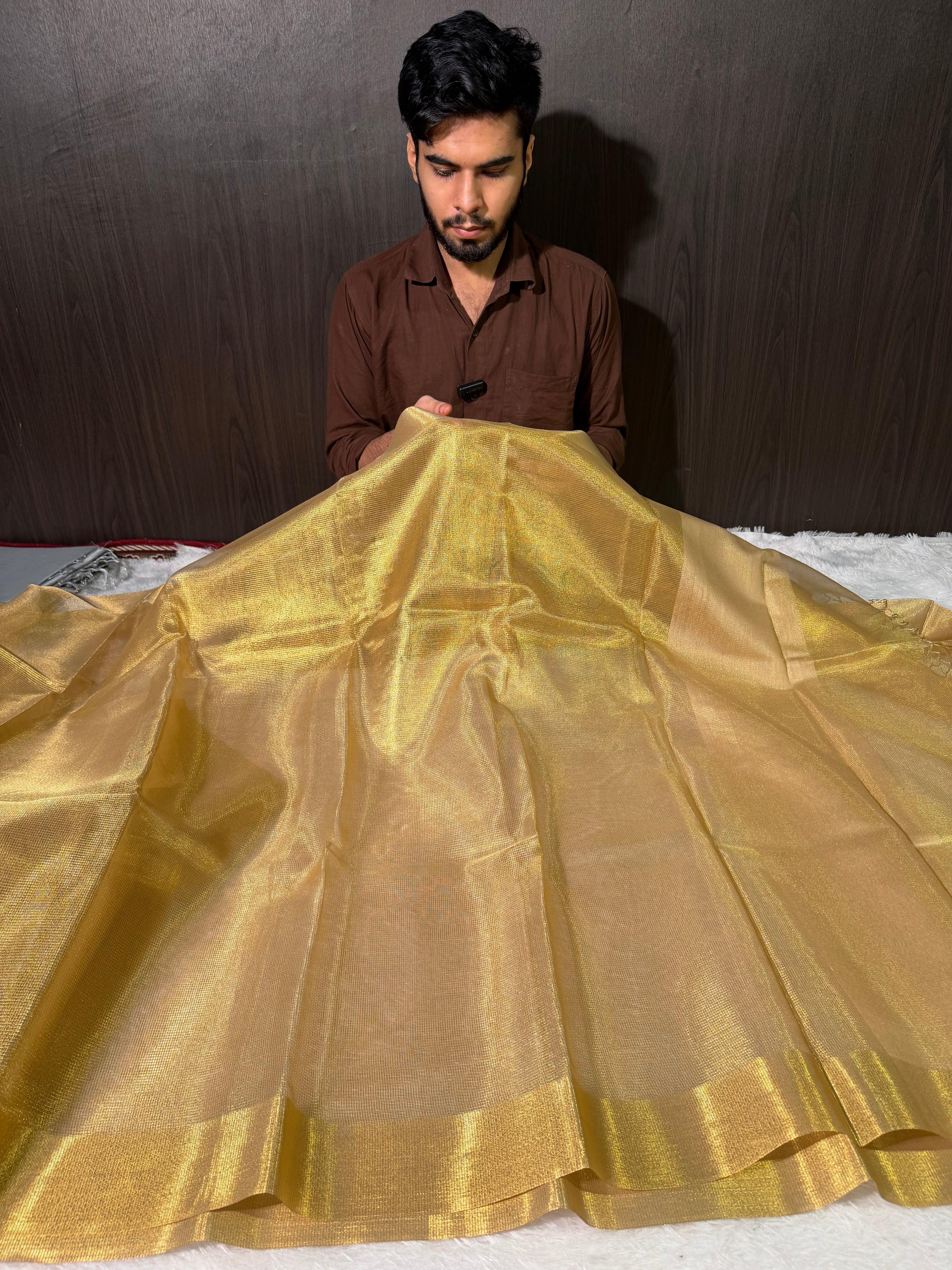 Celebrity Inspired Allover Golden Kota Tissue Silk Banarasi Saree