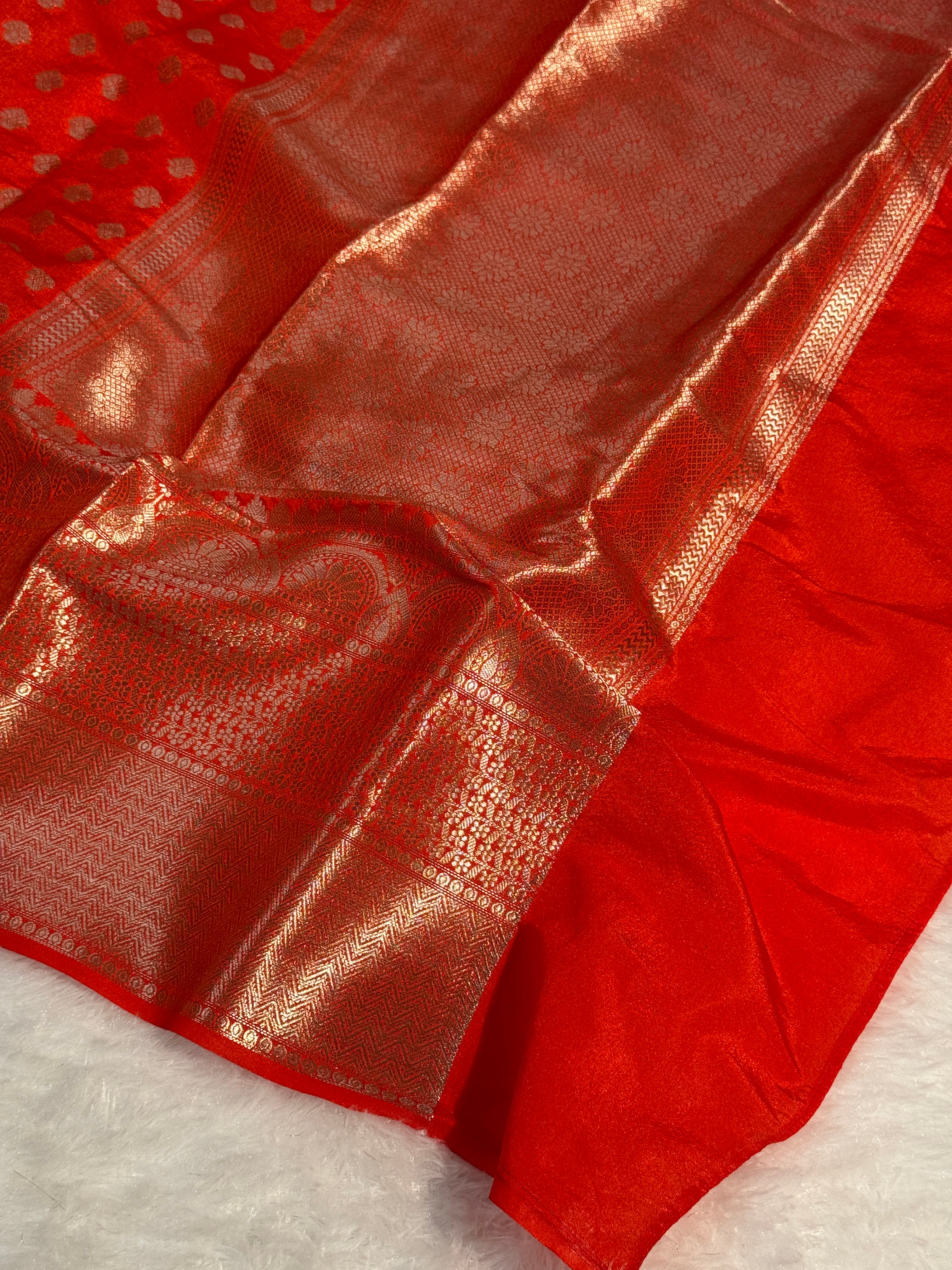 Ready To Wear Bright Orange Premium Chiniya Silk Banarasi Saree