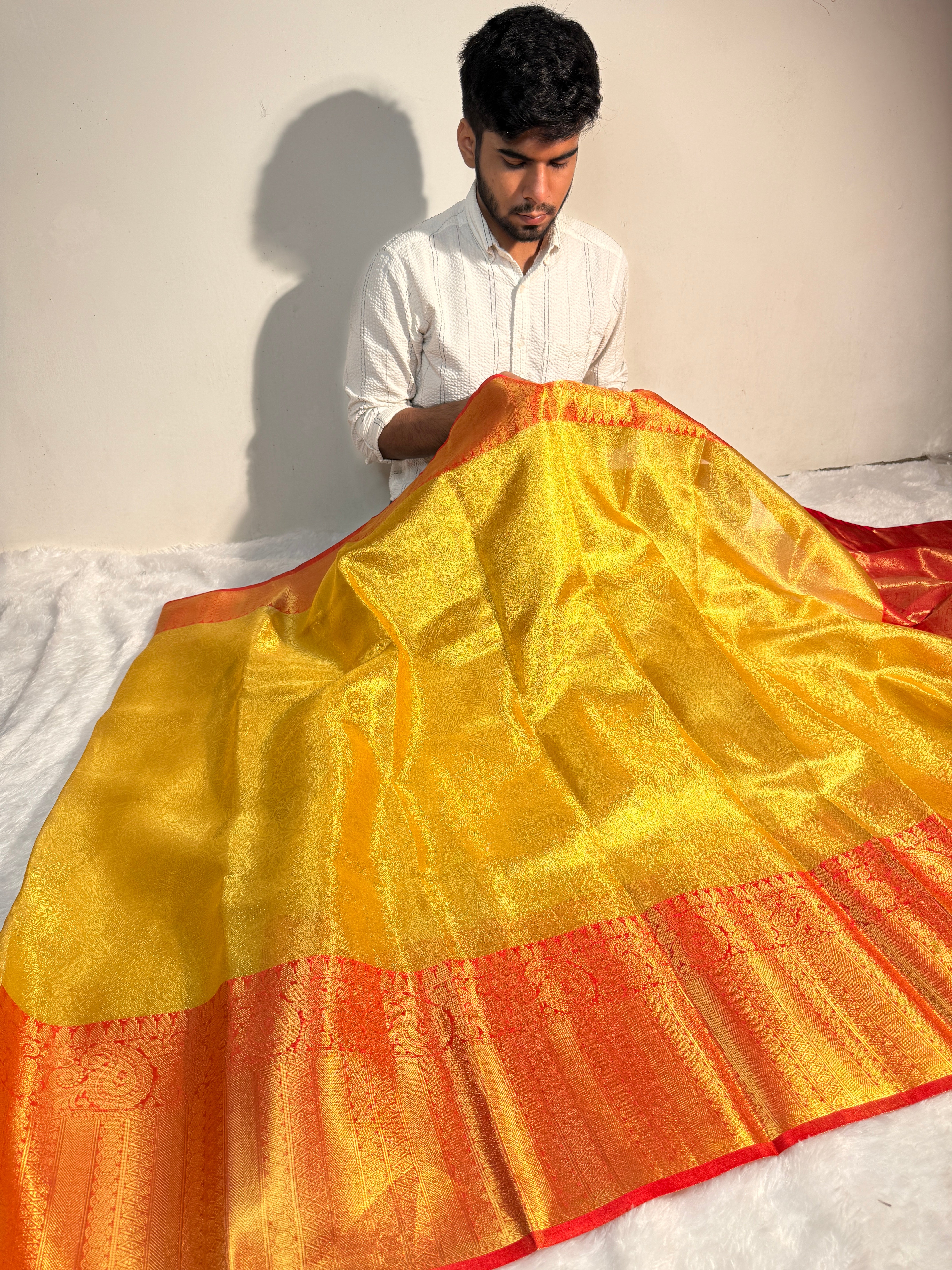 Ready To Wear Gold with Red Premium Tissue Silk Banarasi Saree