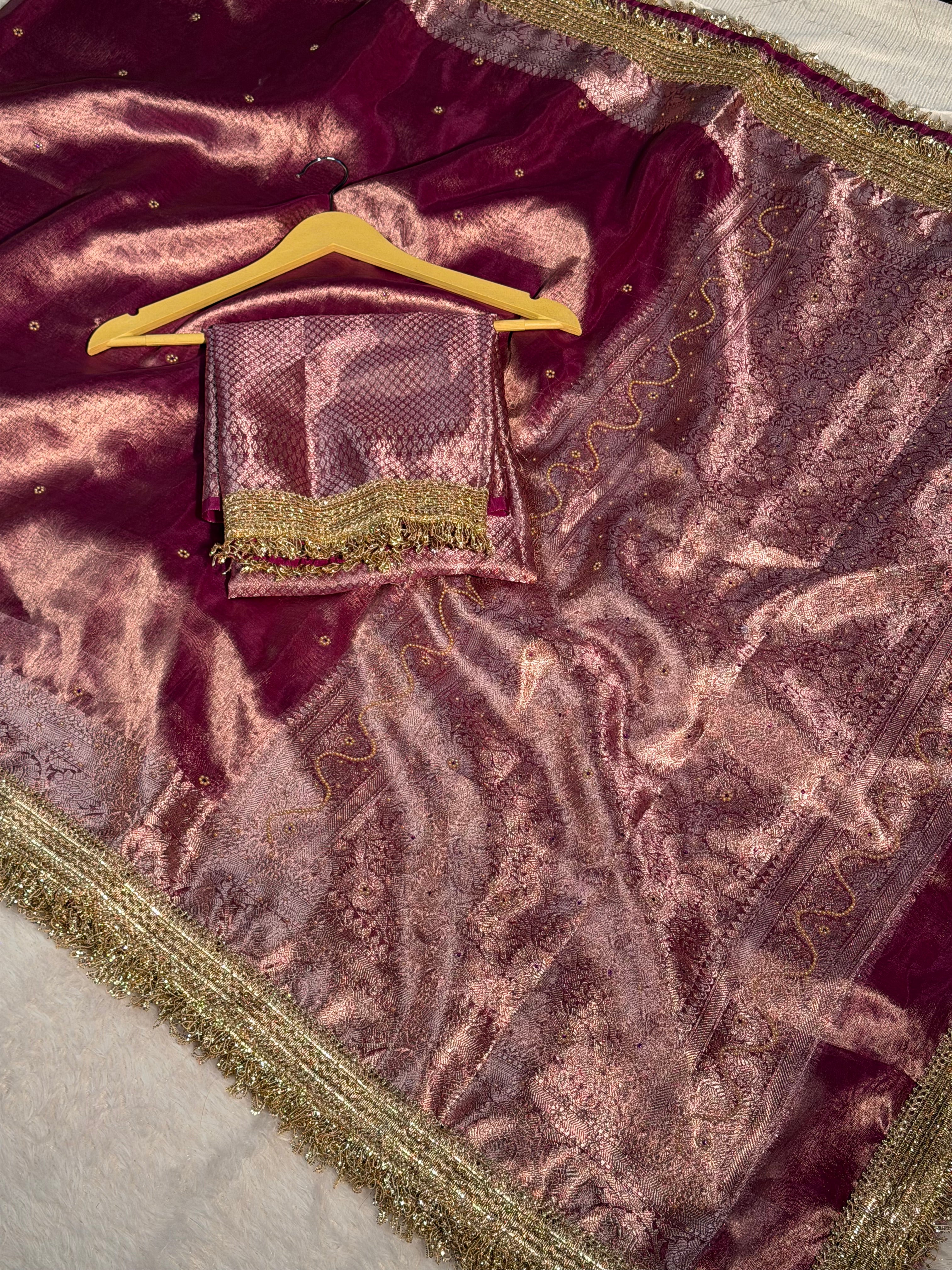 Rare Lavendar Premium Tissue Silk Saree Hand Moti Stone Work with Lace Attached