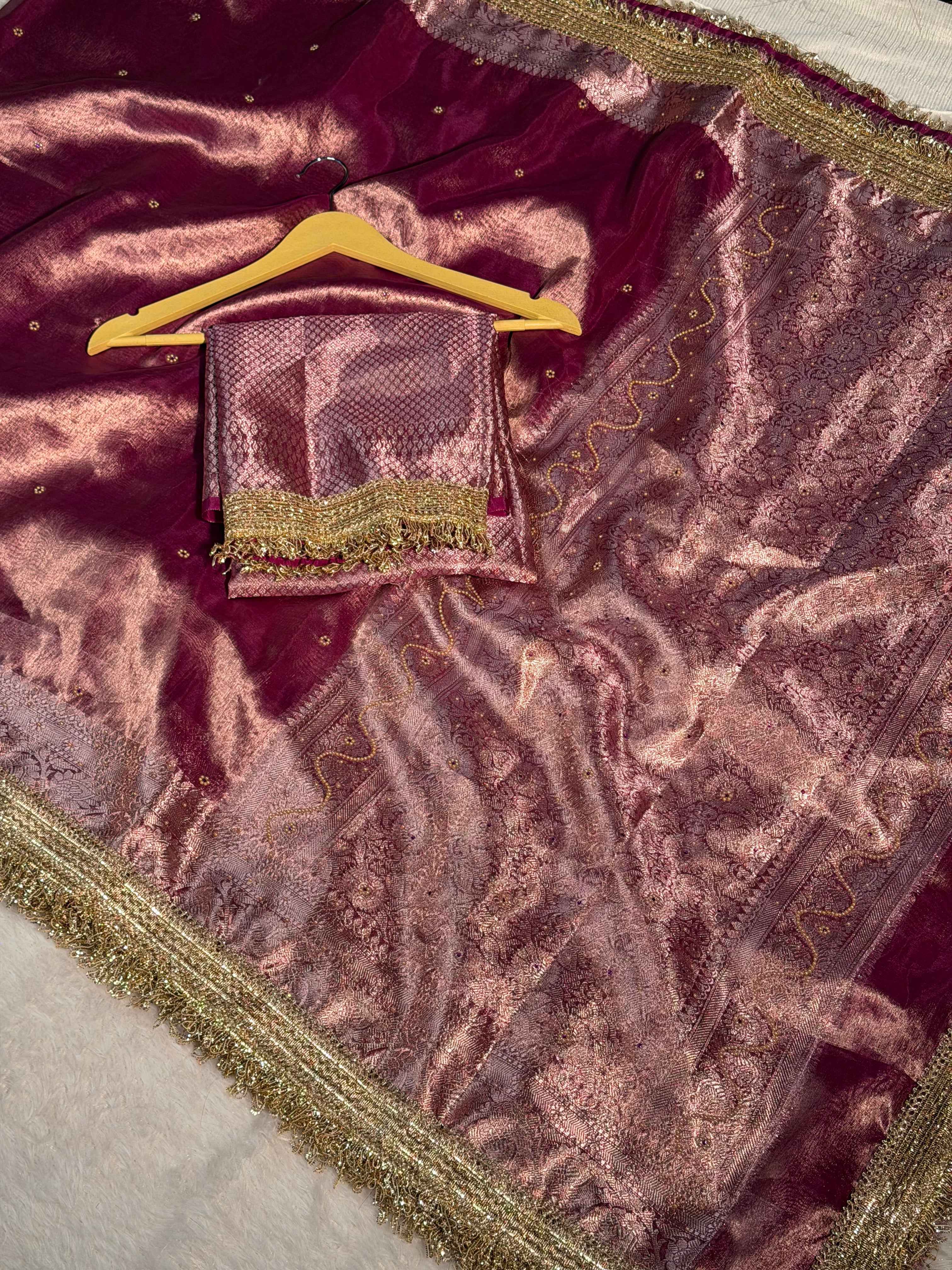Rare Lavendar Premium Tissue Silk Saree Hand Moti Stone Work with Lace Attached