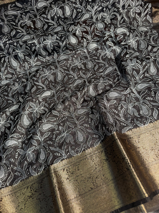 Black Premium Chikankari Banarasi Organza Silk Saree
