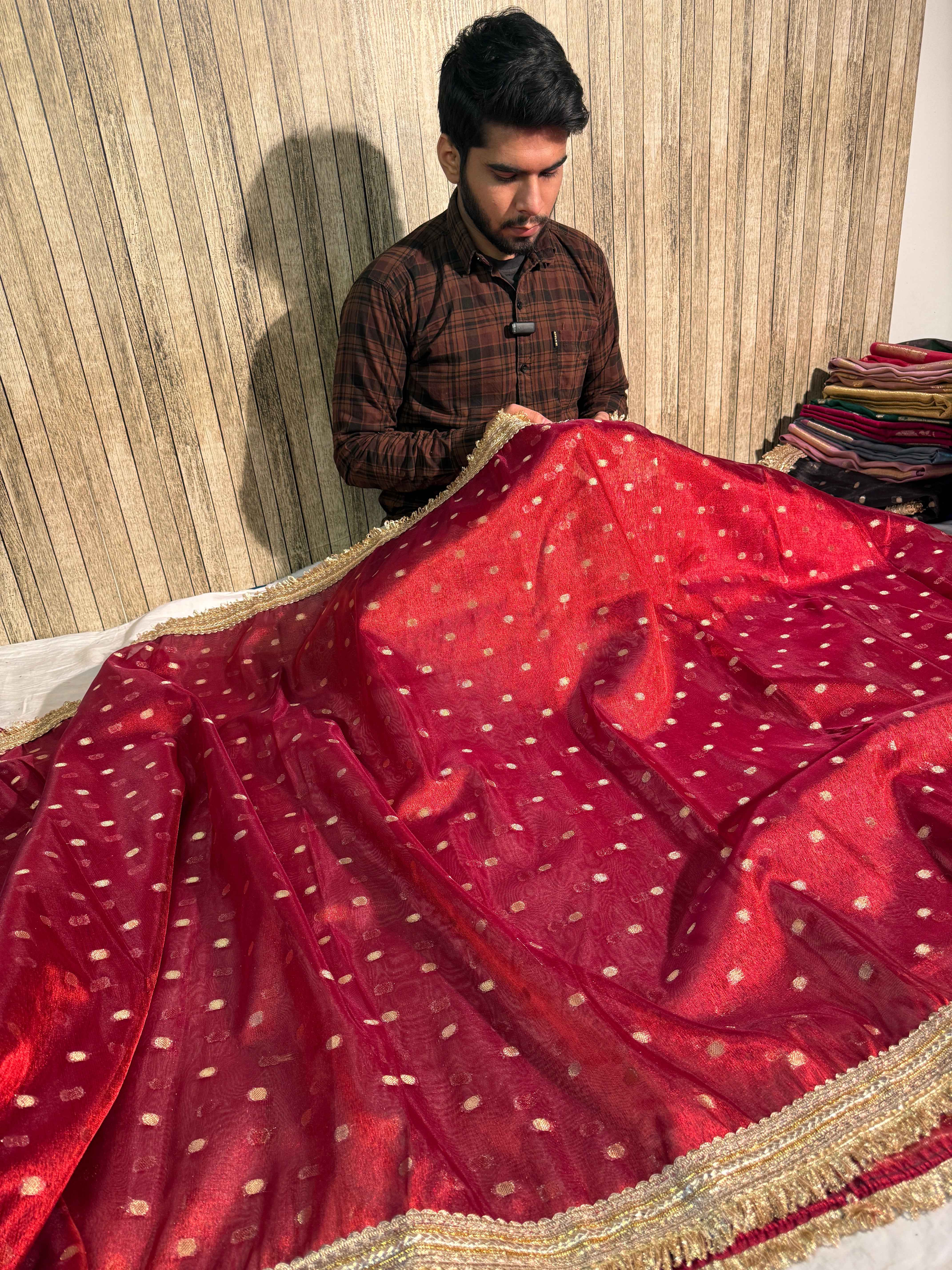 Ready To Wear Metallic Maroon Tissue Silk Saree with Lace Attached