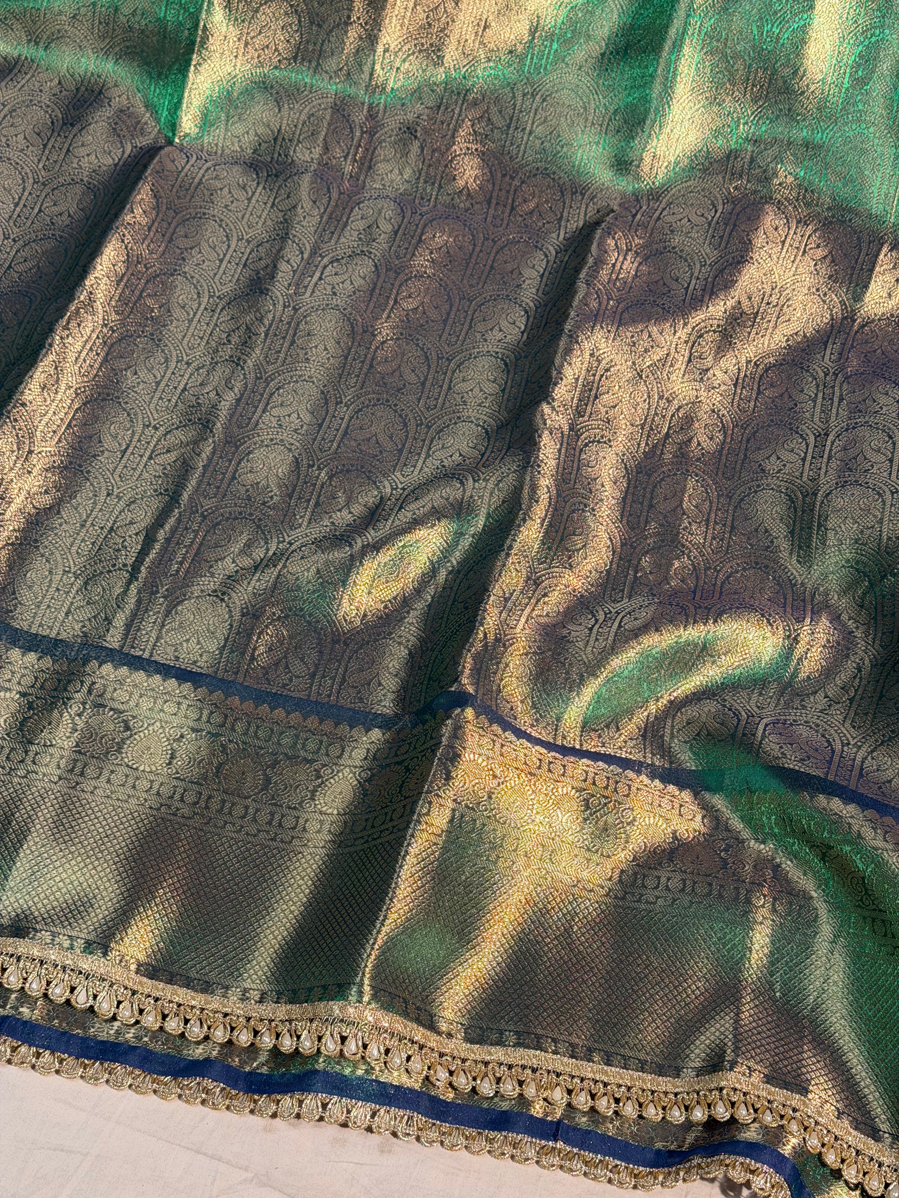 Metallic Sapphire Green Kanjeevaram Tissue Silk Banarasi Saree with Moti Lace