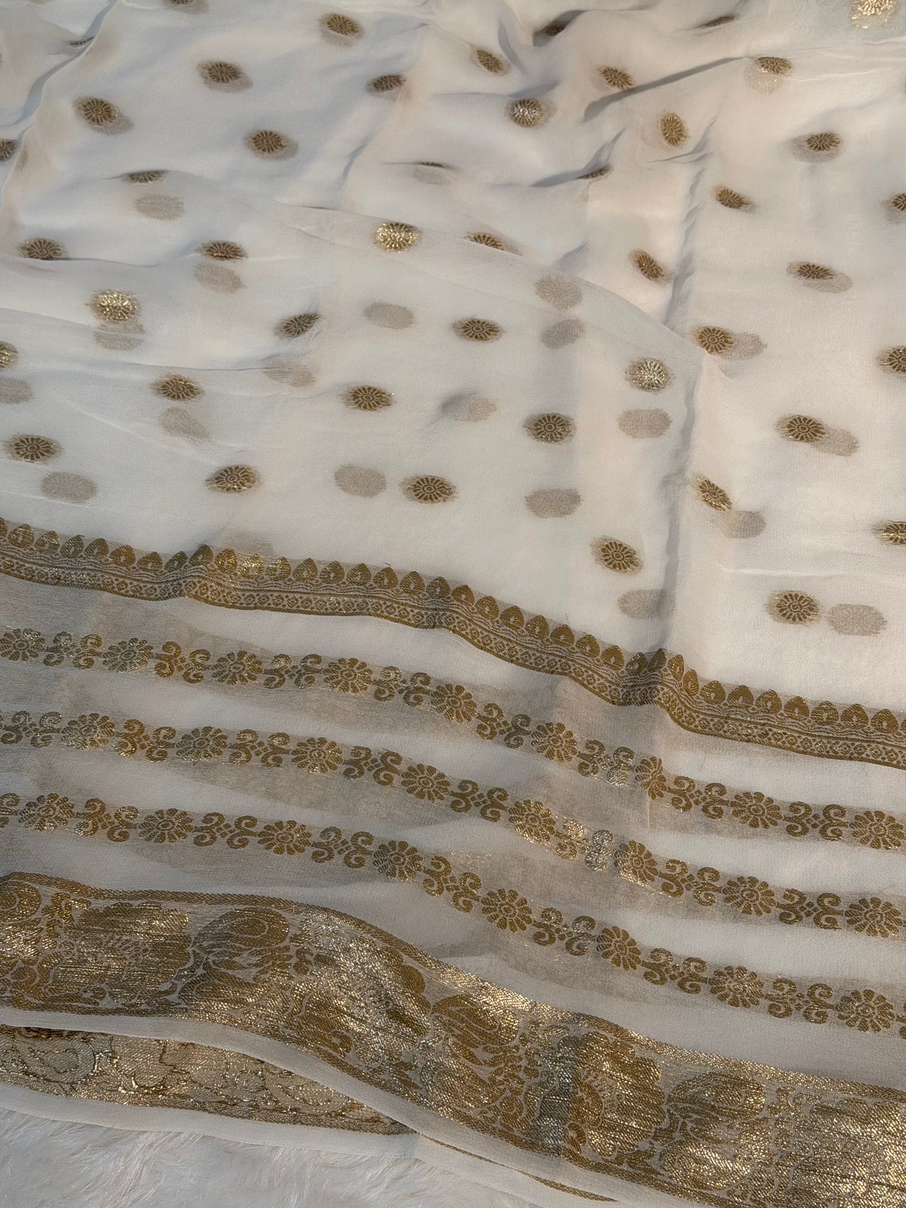 Off White Premium Viscose Georgette Silk Banarasi Saree