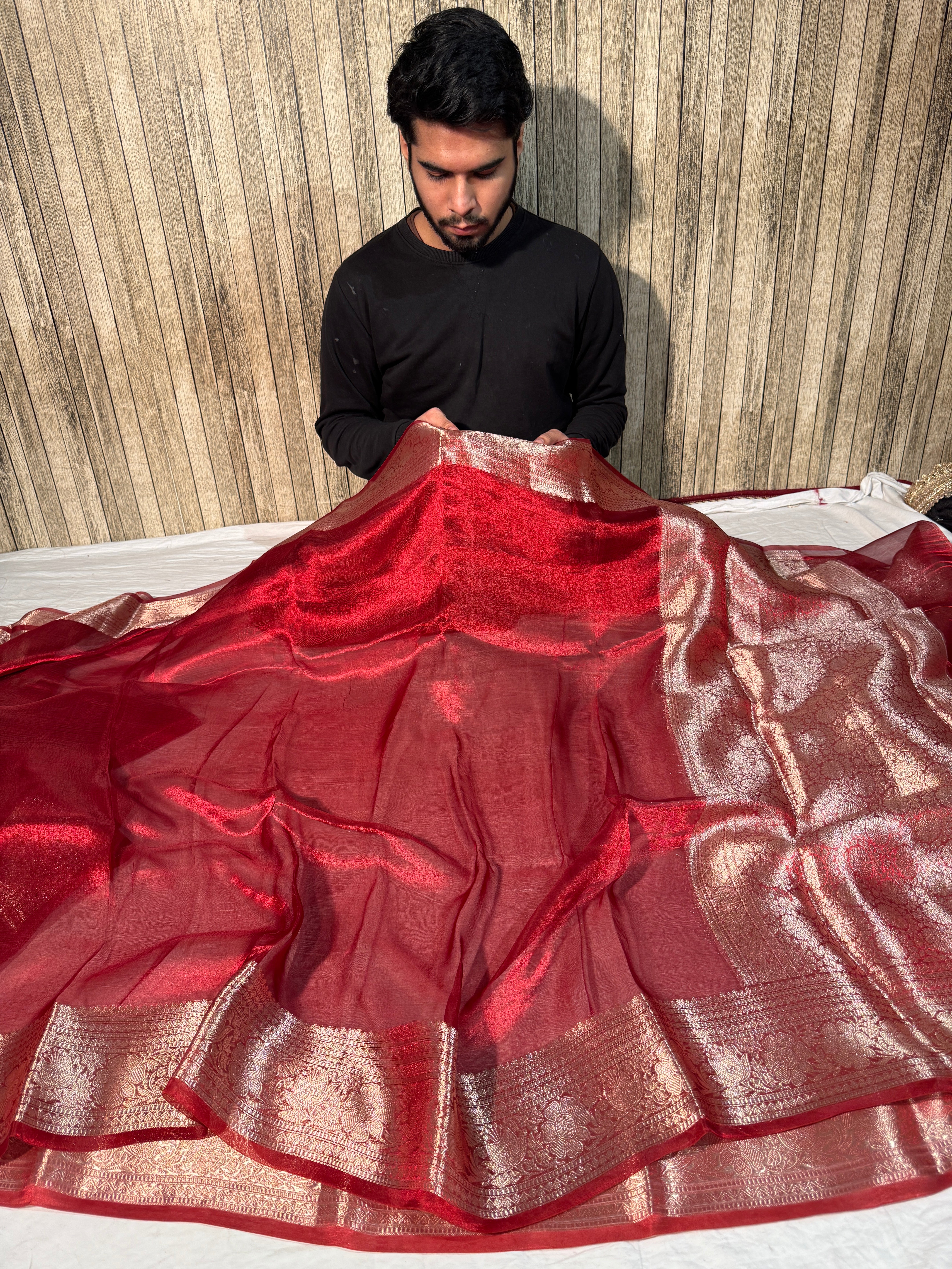 Carmine Red Pure Tissue Silk Banarasi Saree with Traditional Weave Borders