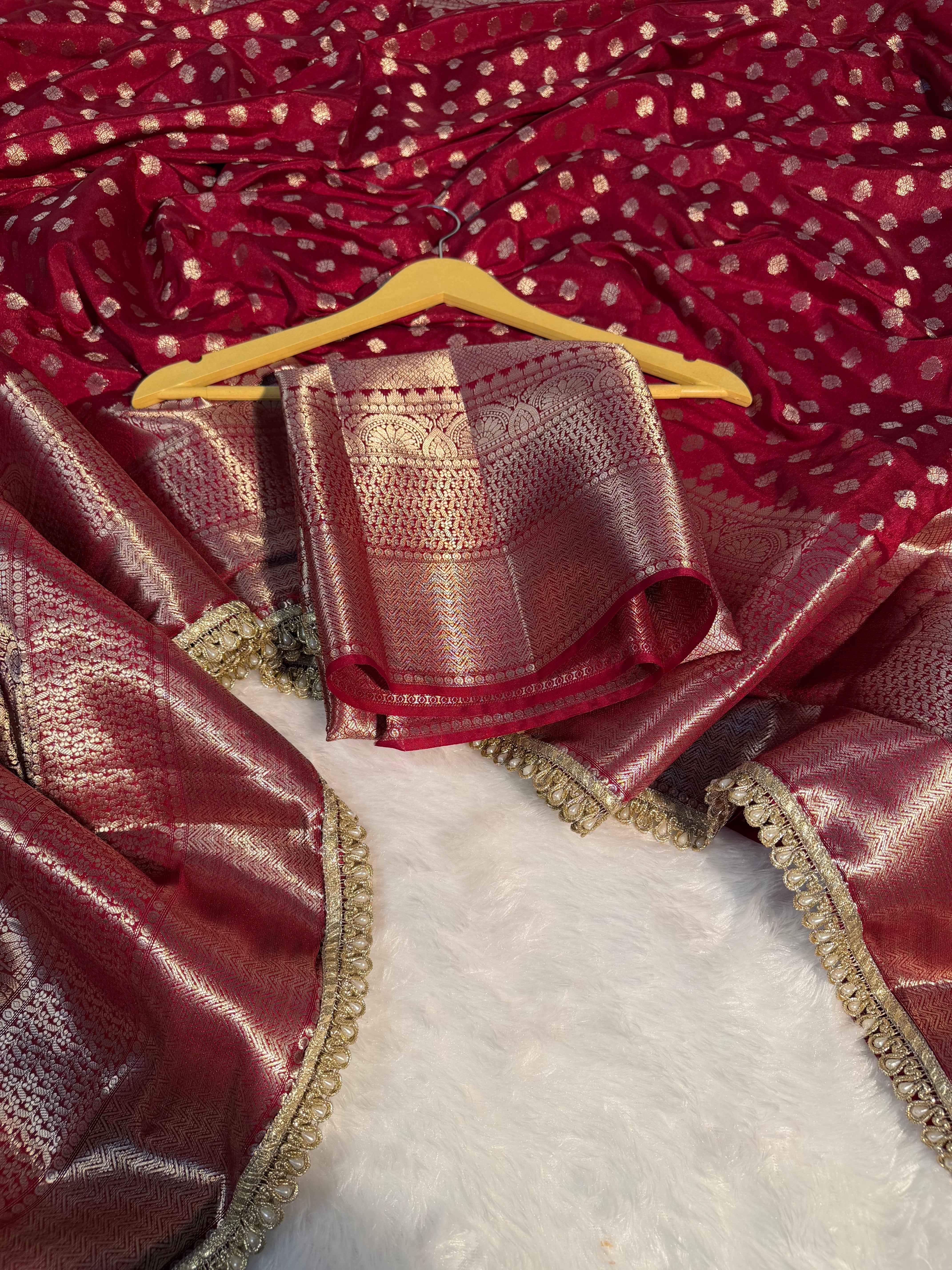 Maroon Premium Chiniya Silk Banarasi Saree With Moti Lace Work