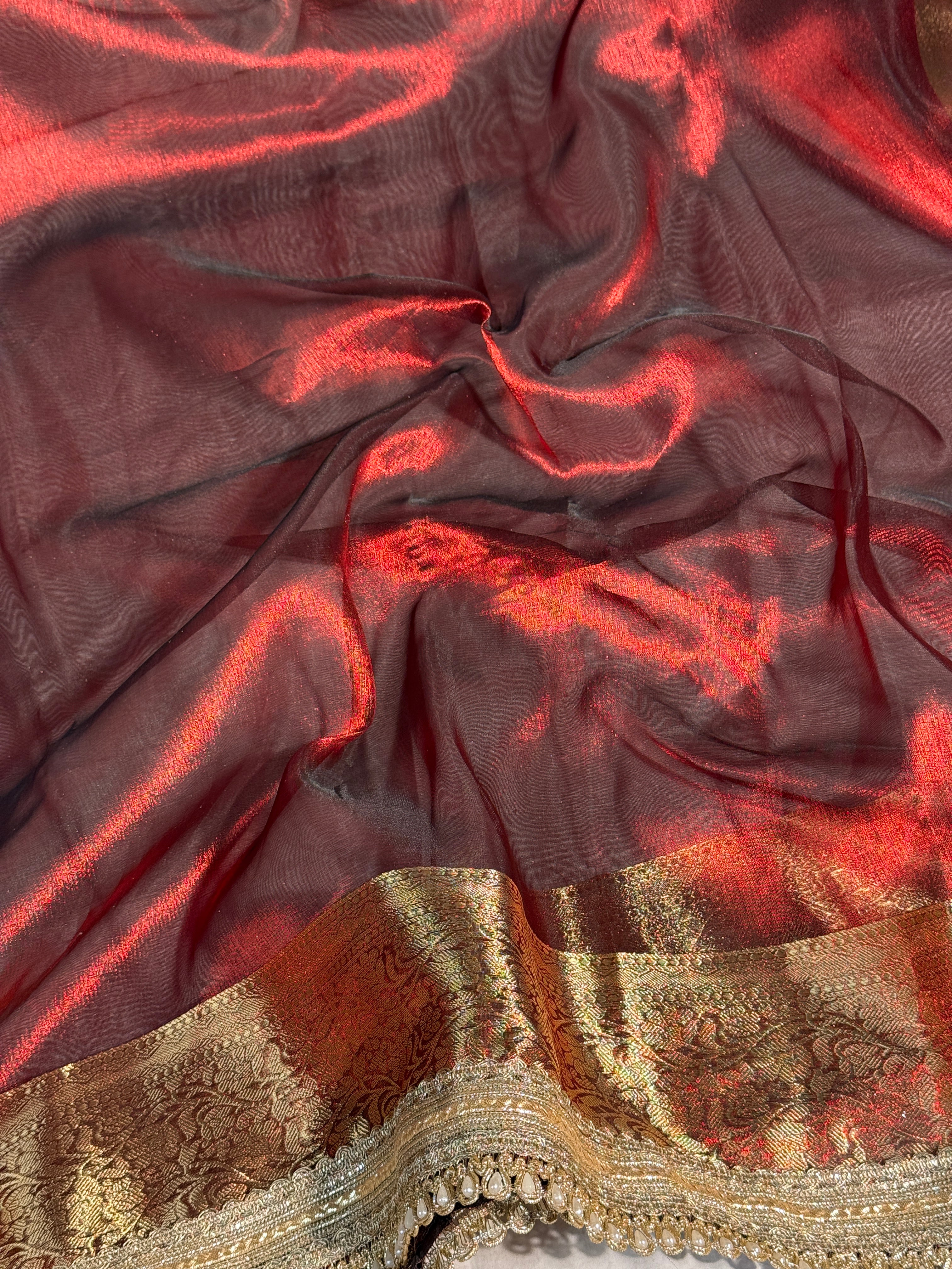 Metallic Maroon Premium Tissue Silk Moti Lace Attached Banarasi Saree