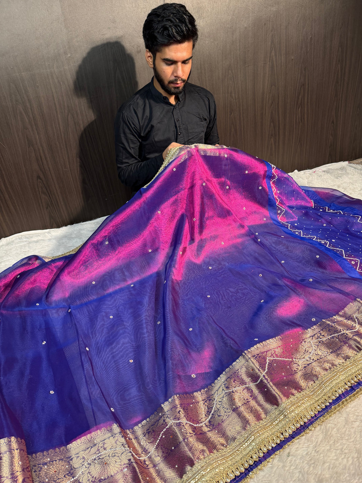 Metallic Baigani Premium Tissue Silk Saree with Moti Stone Work