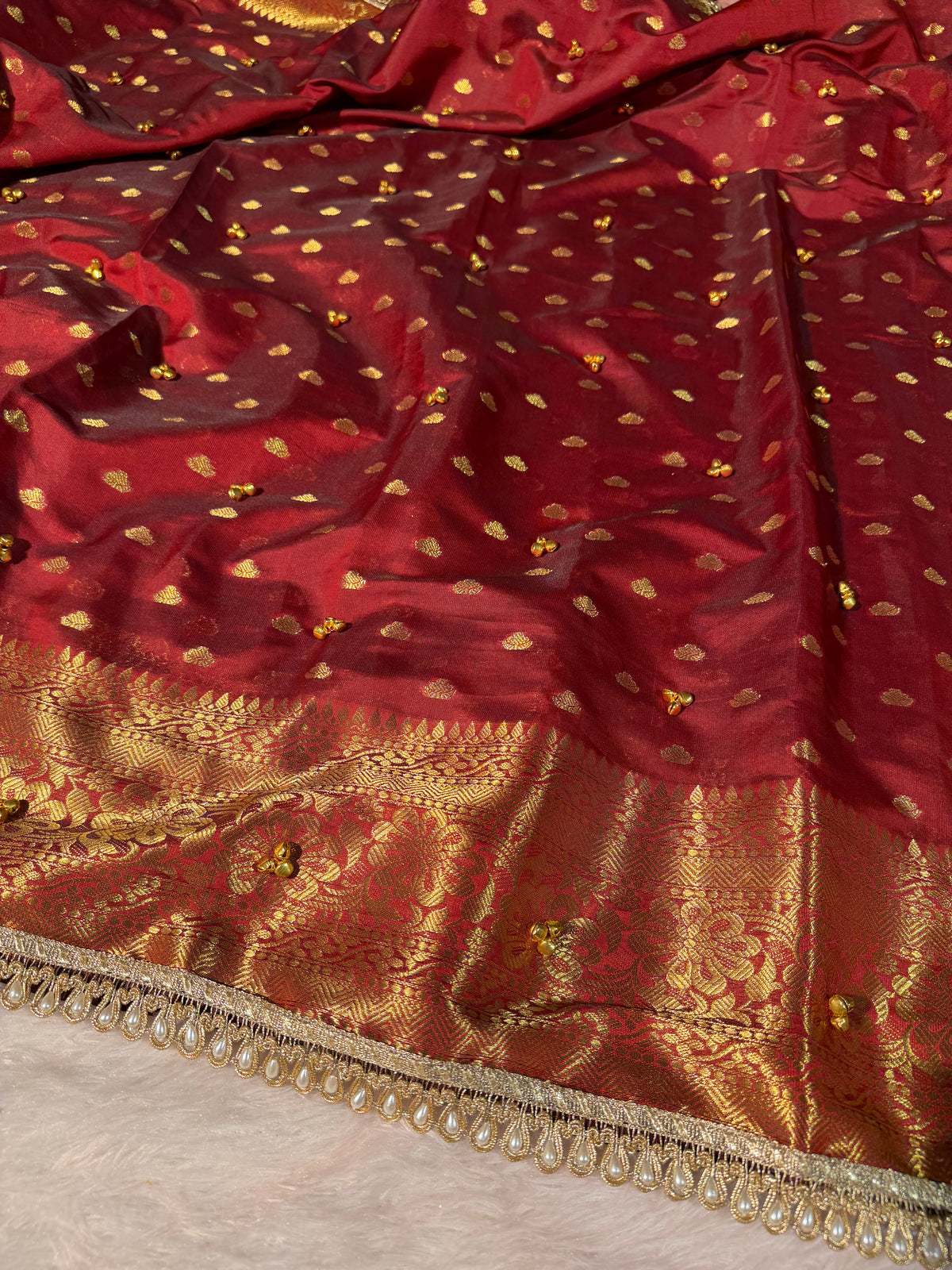 Viral Ghungroo Handwork Dark Maroon Premium Katan Silk Banarasi Saree