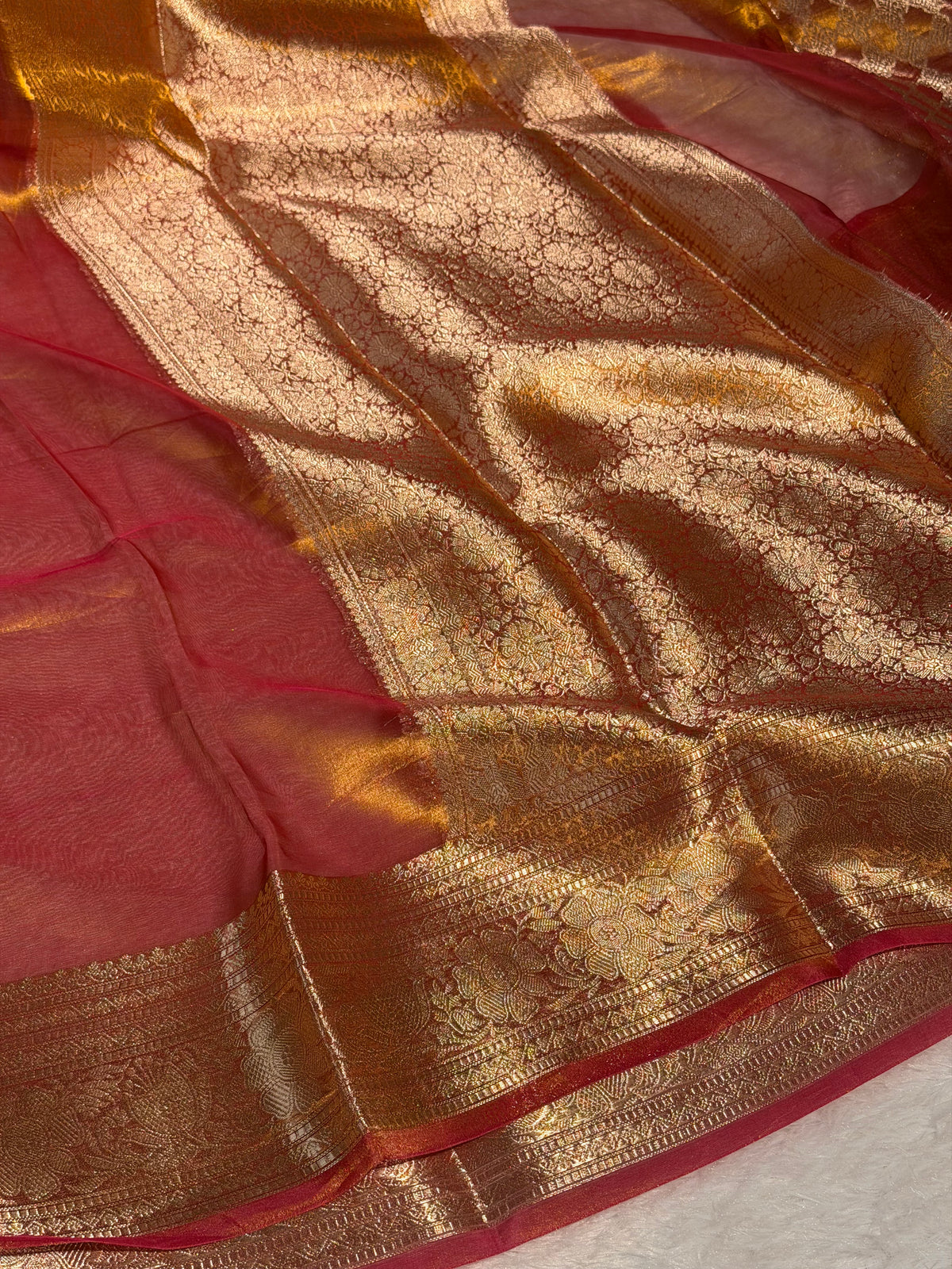 Dual Shaded Orange 100% Pure Tissue Silk Banarasi Saree