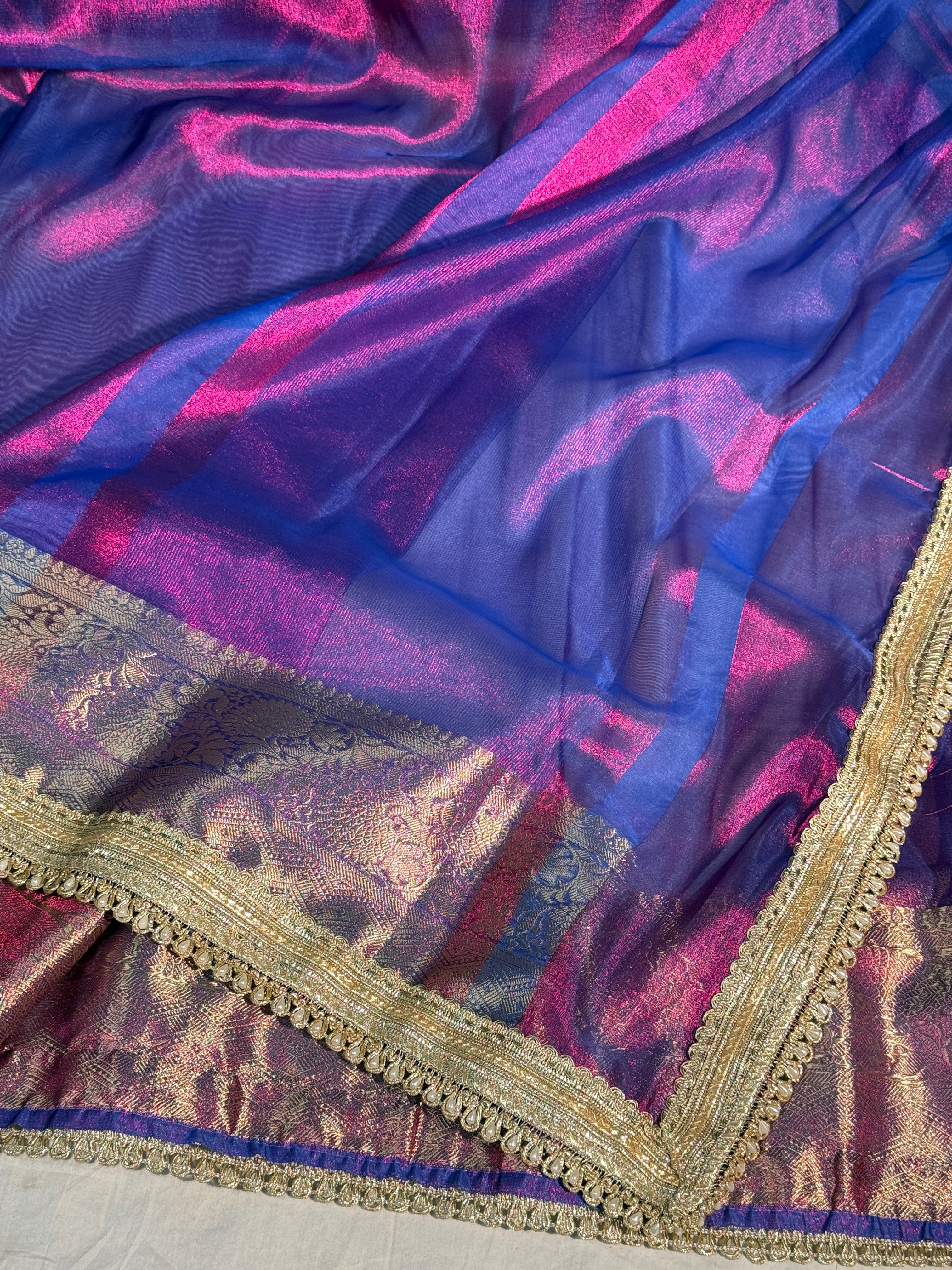 Rare Baigani Premium Tissue Silk Moti Lace Attached Banarasi Saree
