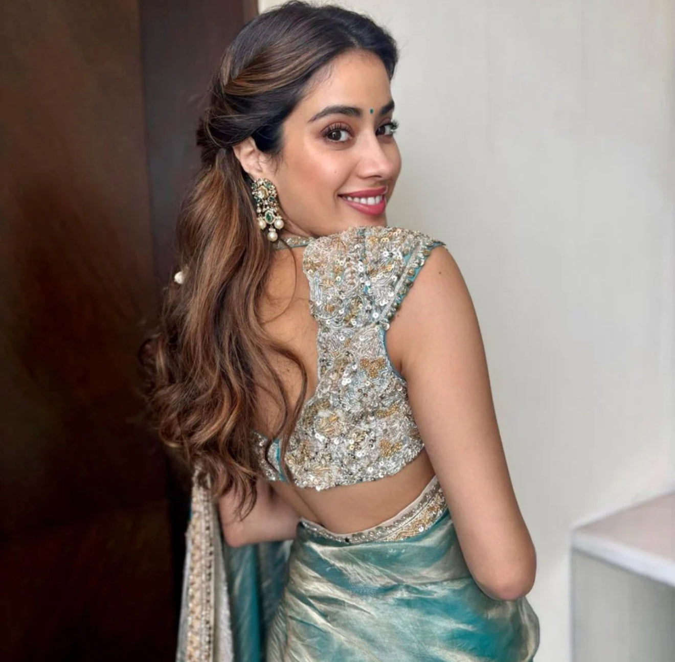 Janhvi Kapoor Inspired Seagreen Tissue Silk Banarasi Saree