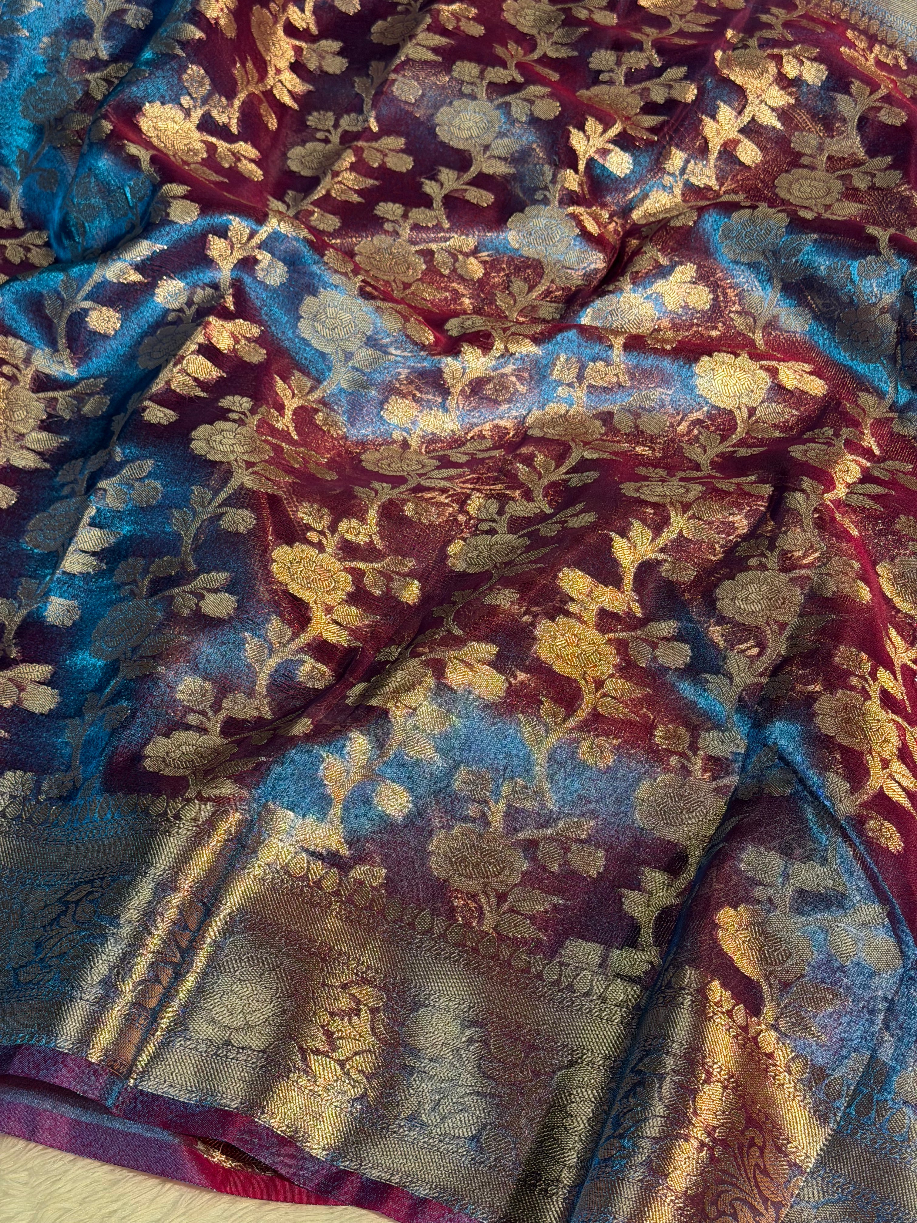 Dual Shaded Metallic Firozi Blue Premium Tissue Silk Banarasi Saree