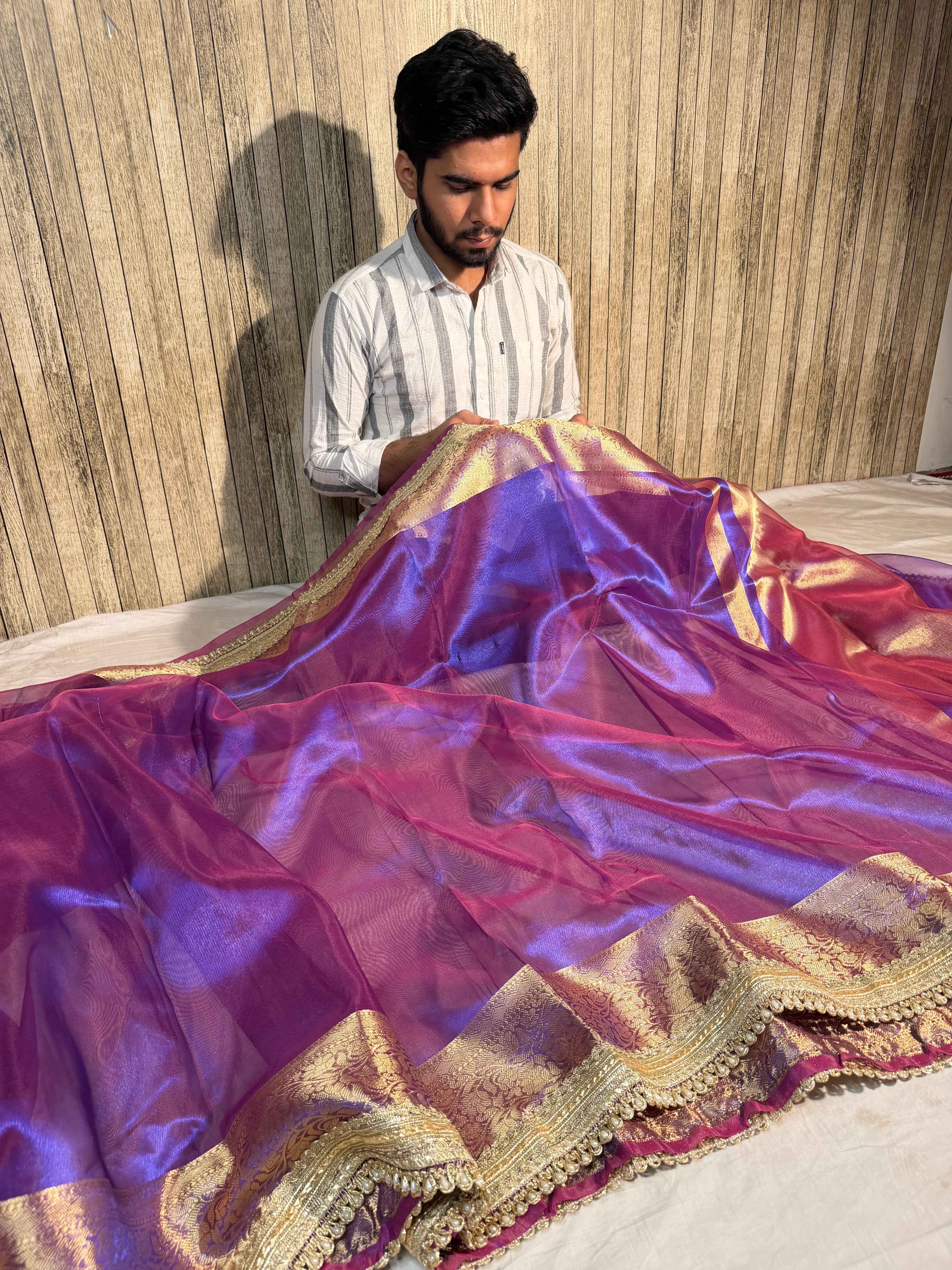 Rare Baigani Premium Tissue Silk Moti Lace Attached Banarasi Saree