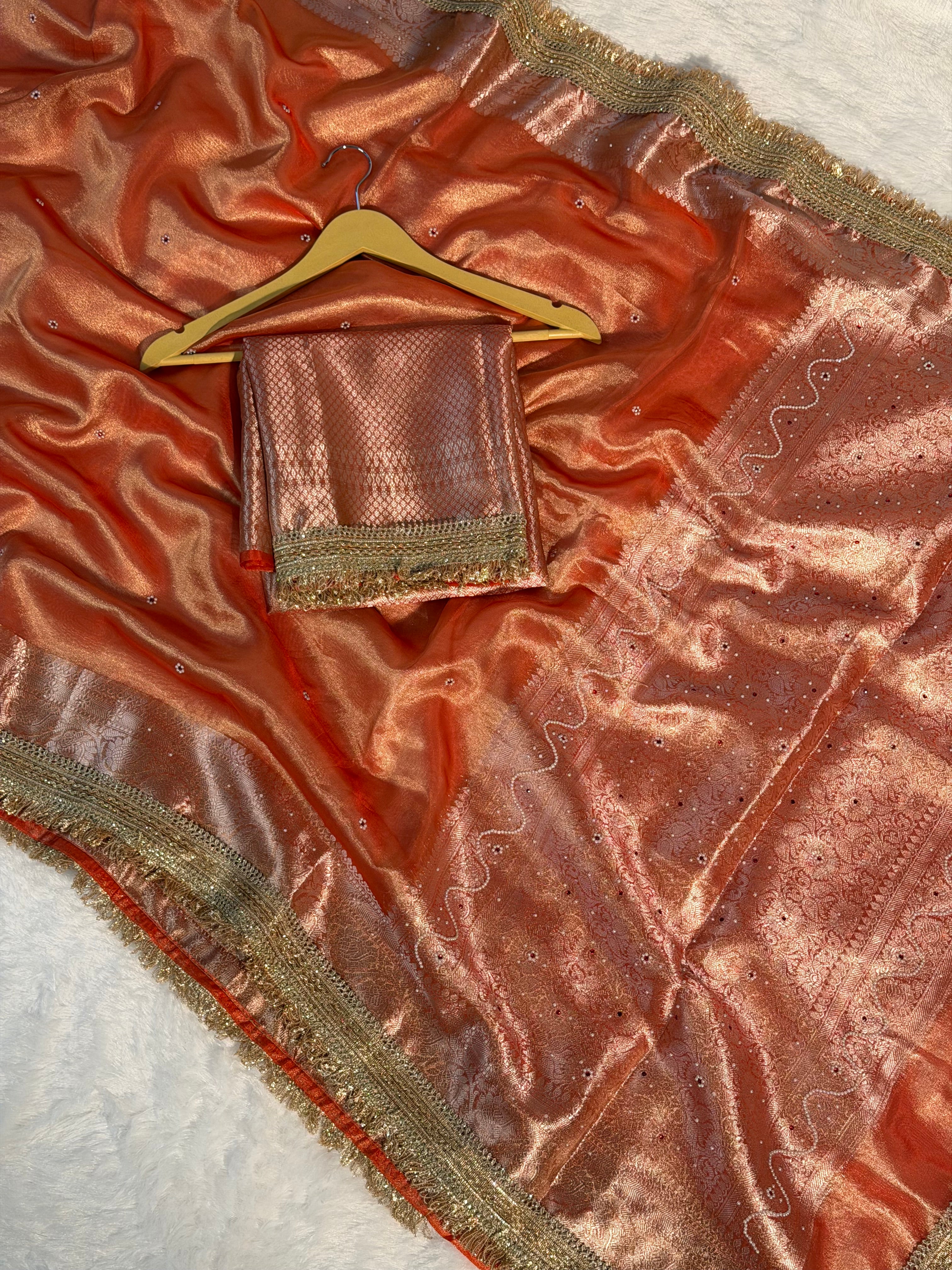 Metallic Orange Premium Tissue Silk Saree Hand Moti Stone Work with Lace Attached