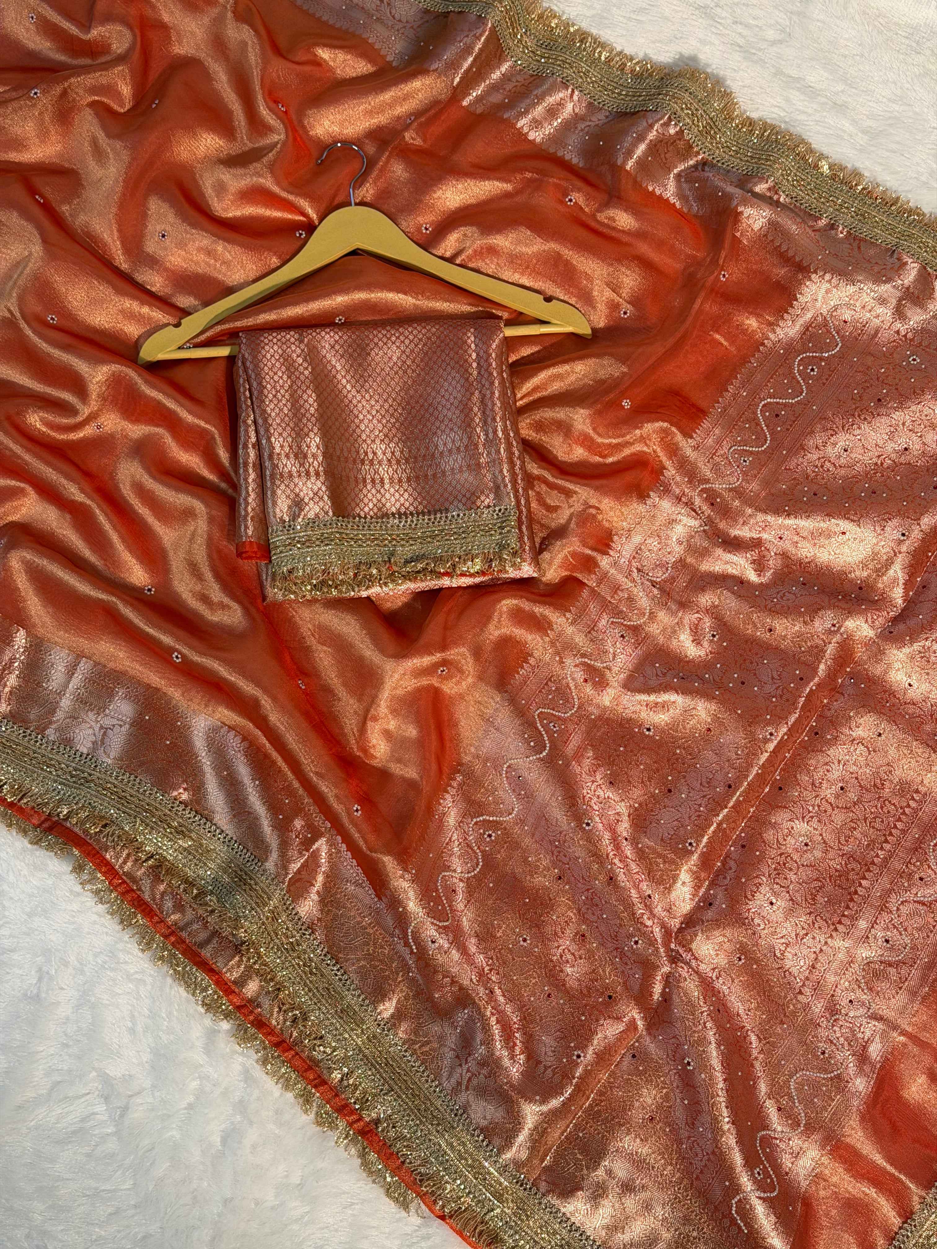 Metallic Orange Premium Tissue Silk Saree Hand Moti Stone Work with Lace Attached