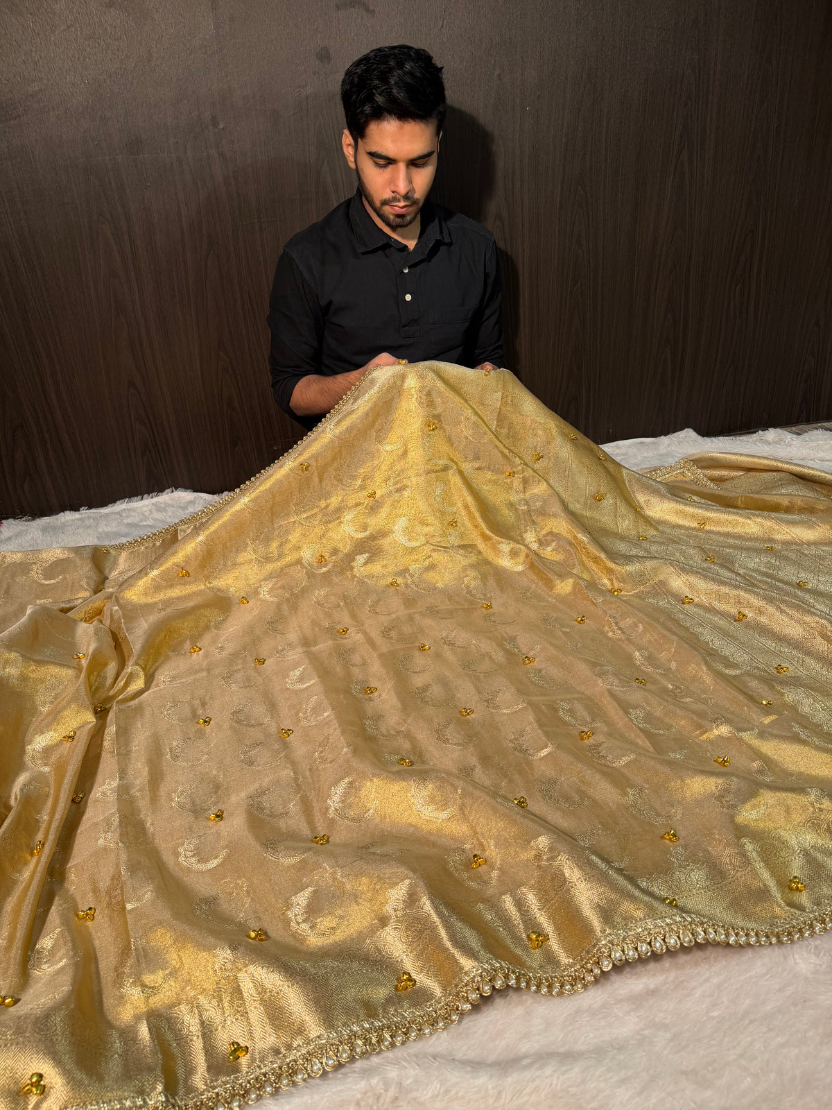 Ghungroo Handwork Allover Gold Premium Tissue Silk Banarasi Saree