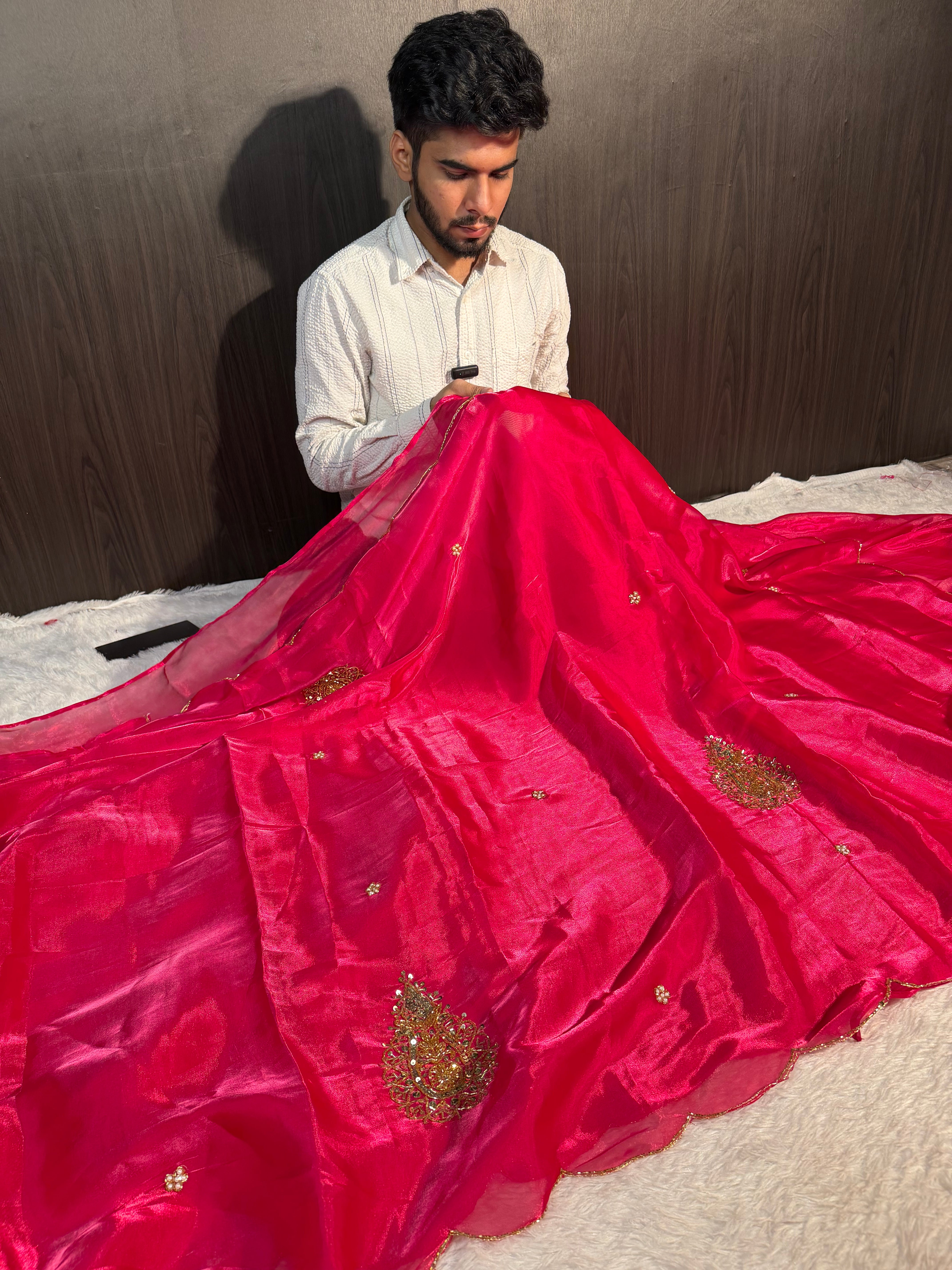 Bridal Rani Pink Premium Shimmery Tissue Handwork Saree