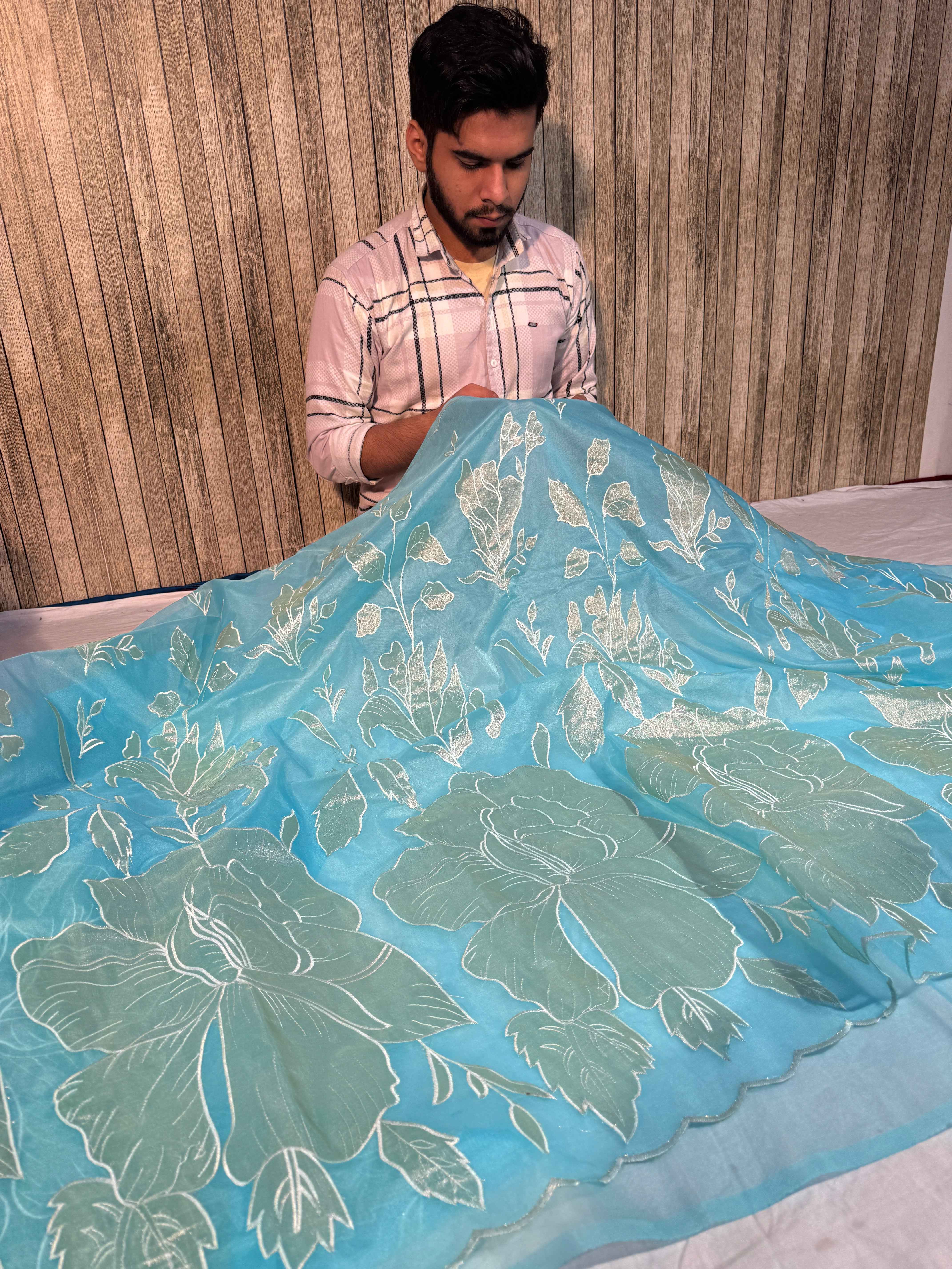 Pastel Firozi Premium Organza Silk Banarasi Saree with Tissue Applique Work