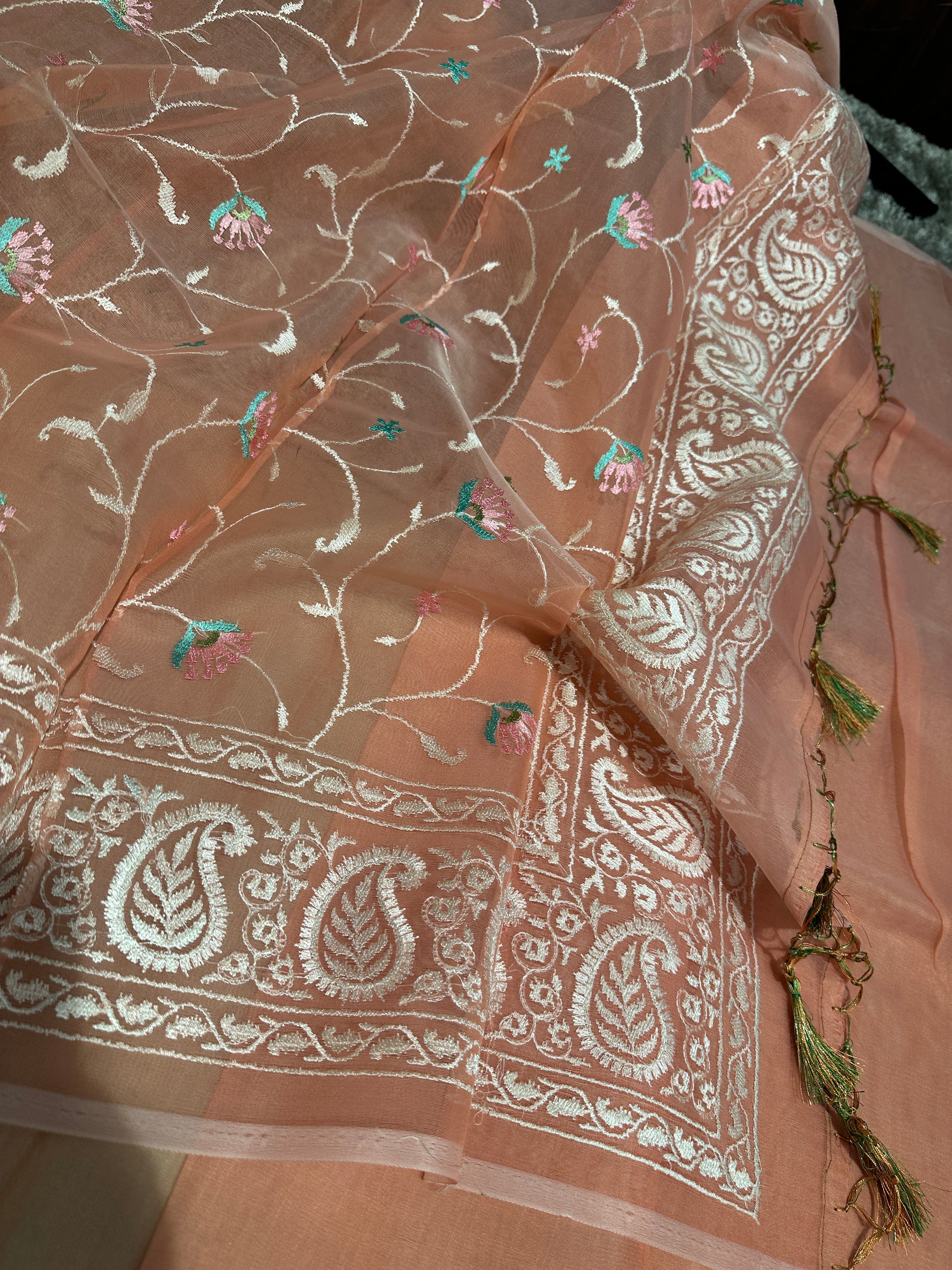 Pretty Peach Multi Floral Chikankari Banarasi Organza Silk Saree