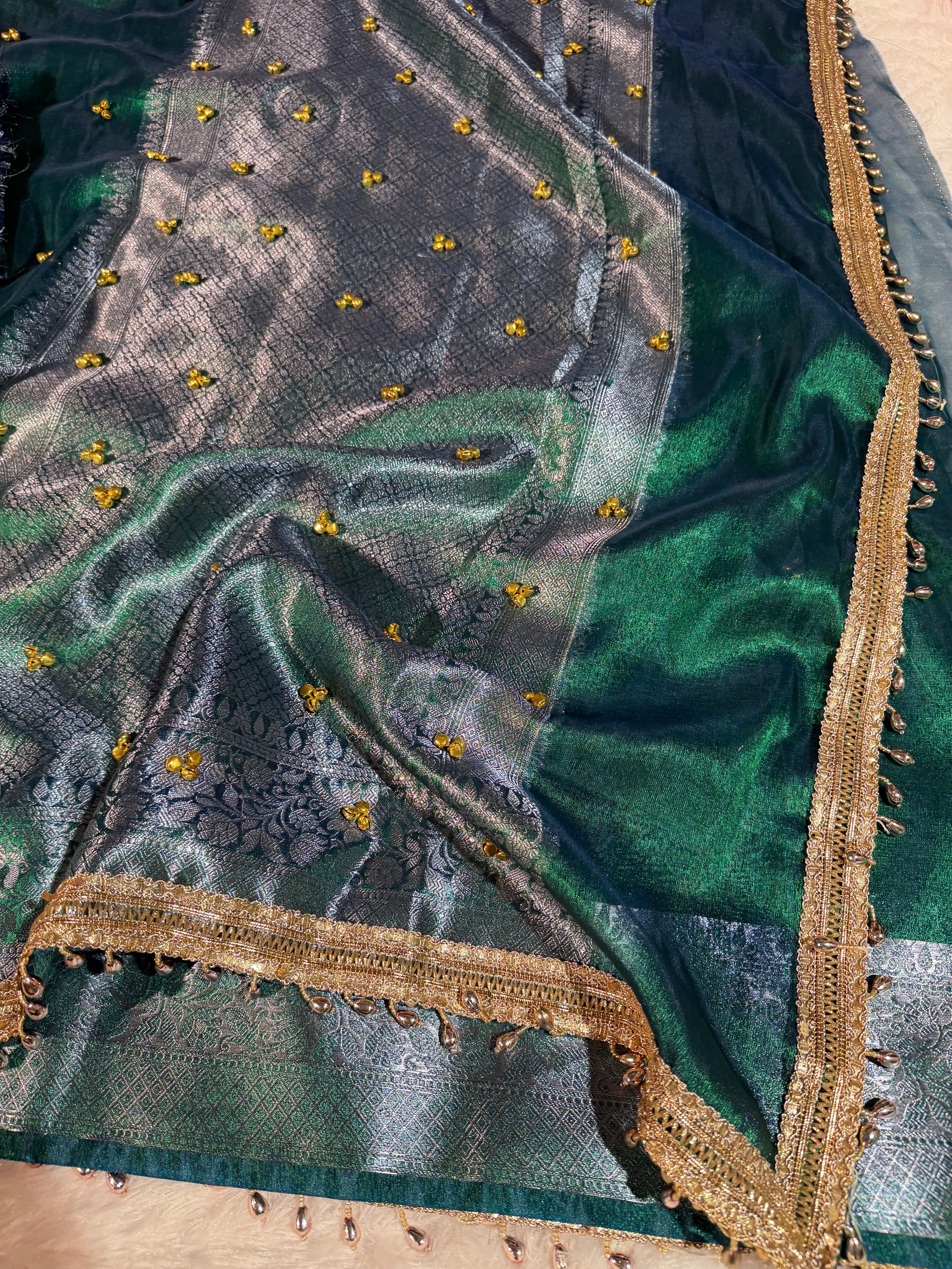 Ghungroo Handwork Metallic Sapphire Green Premium Tissue Silk Banarasi Saree