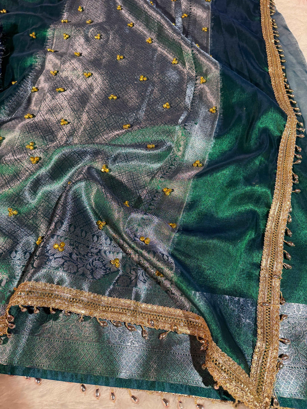 Ghungroo Handwork Metallic Sapphire Green Premium Tissue Silk Banarasi Saree