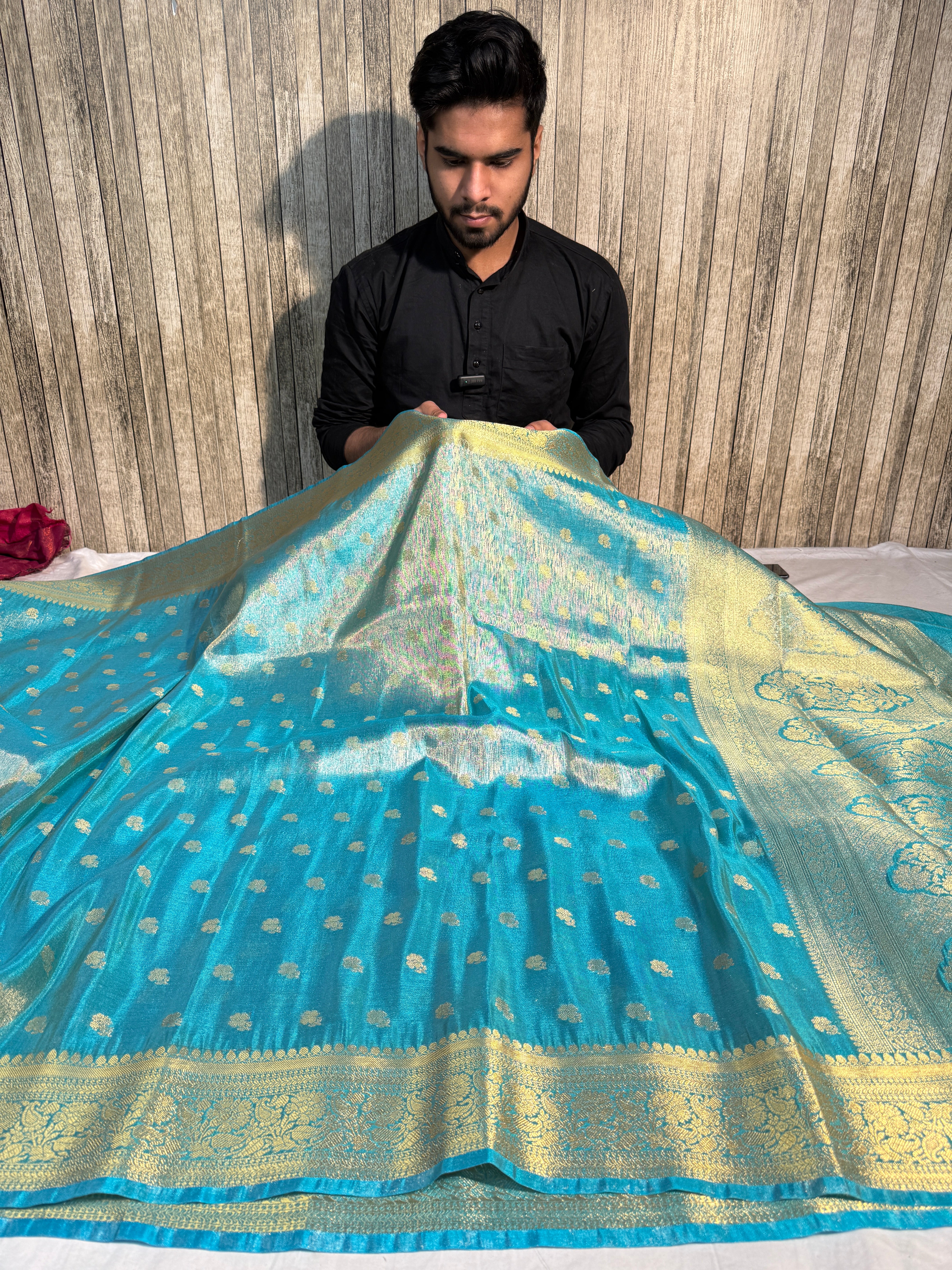 Metallic Firozi Premium Breathable Soft Tissue Silk Banarasi Saree
