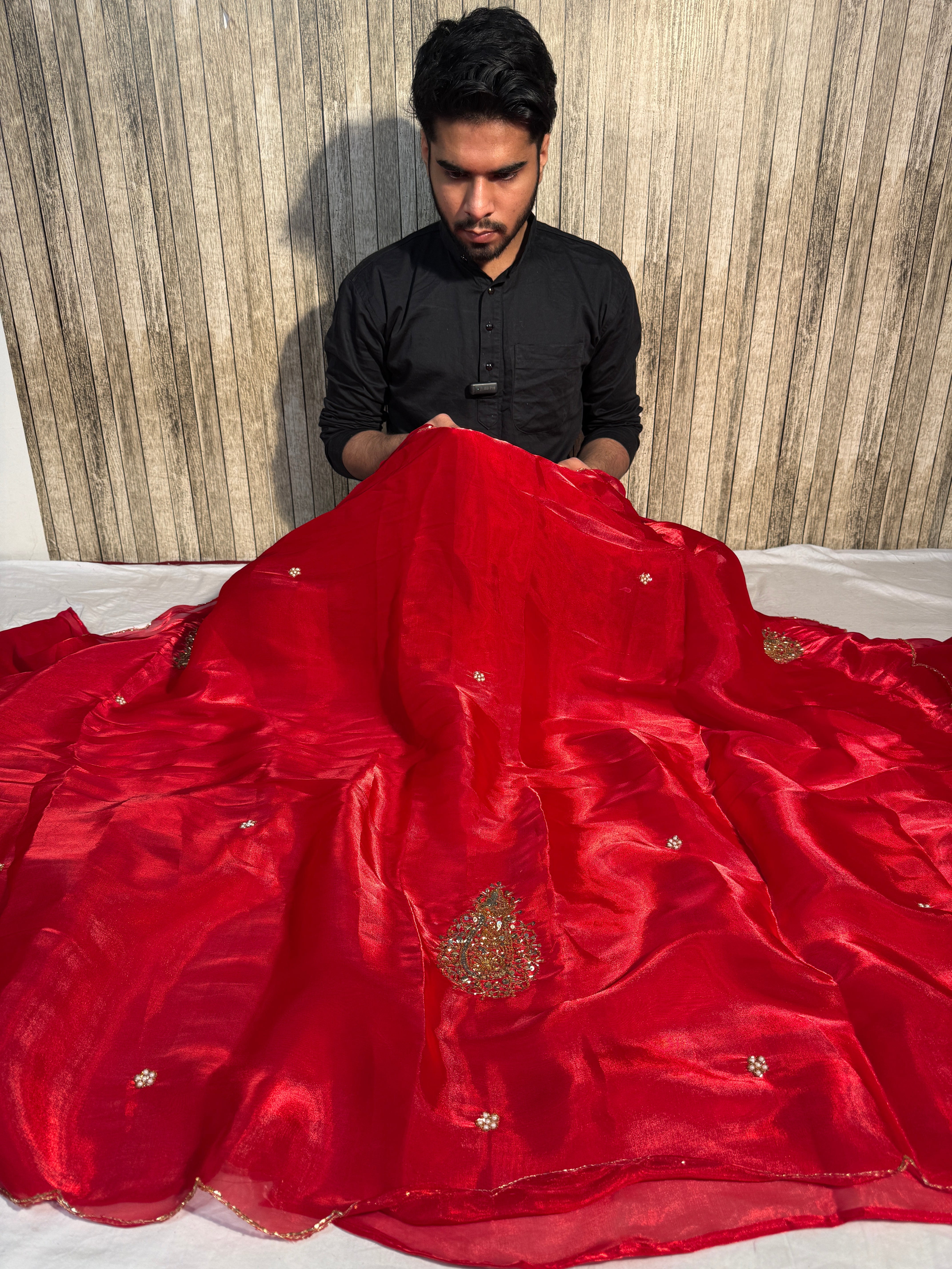 Ready To Wear Red Shimmery Tissue Silk Handwork Saree