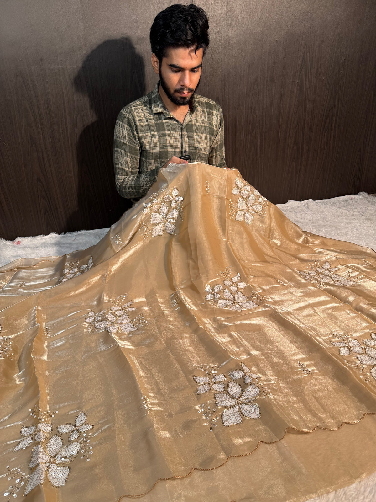 Celebrity Inspired Ivory Premium Shimmery Tissue Silk Designer Saree