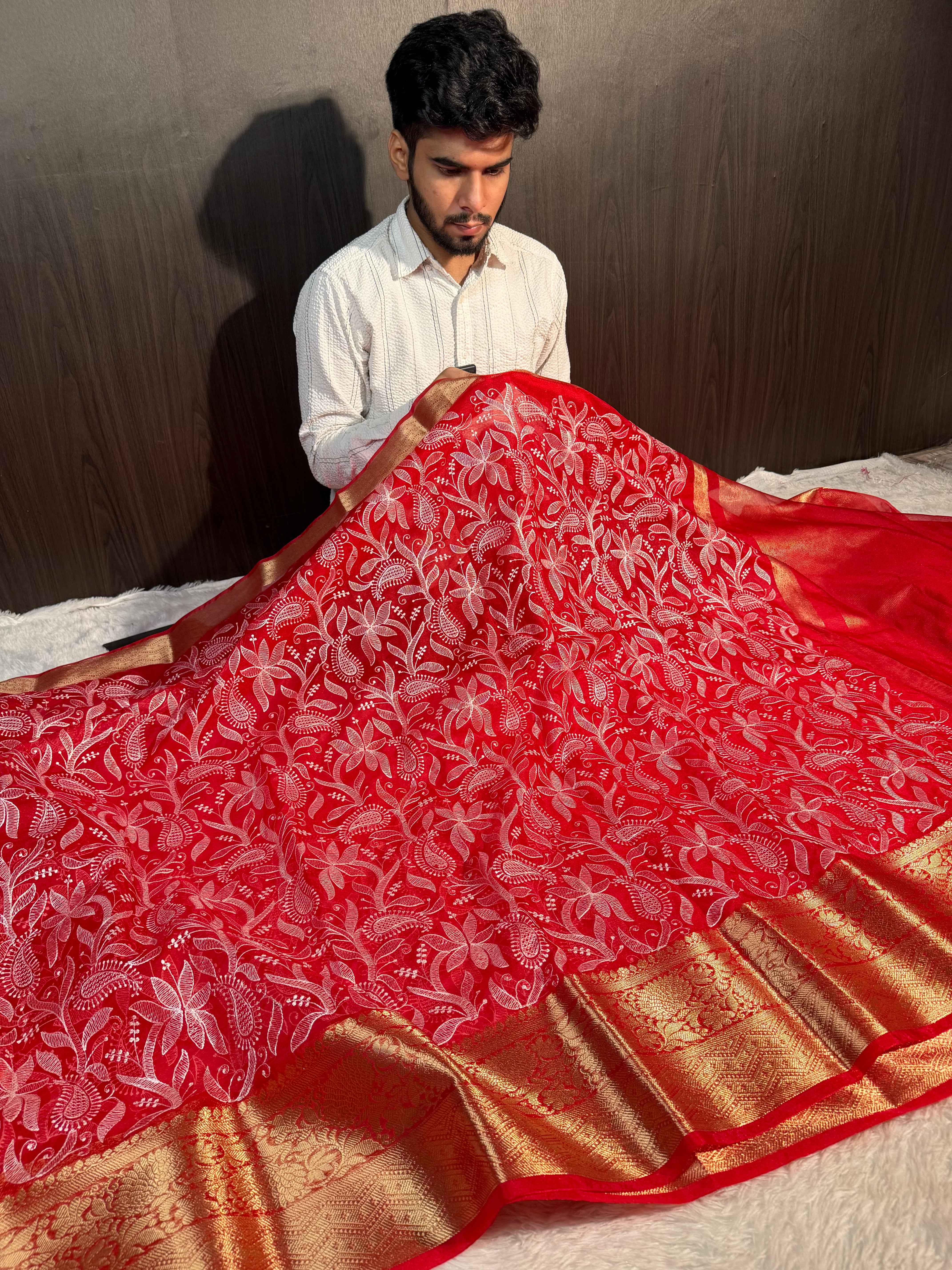 Bridal Red Premium Chikankari Organza Silk Banarasi Saree