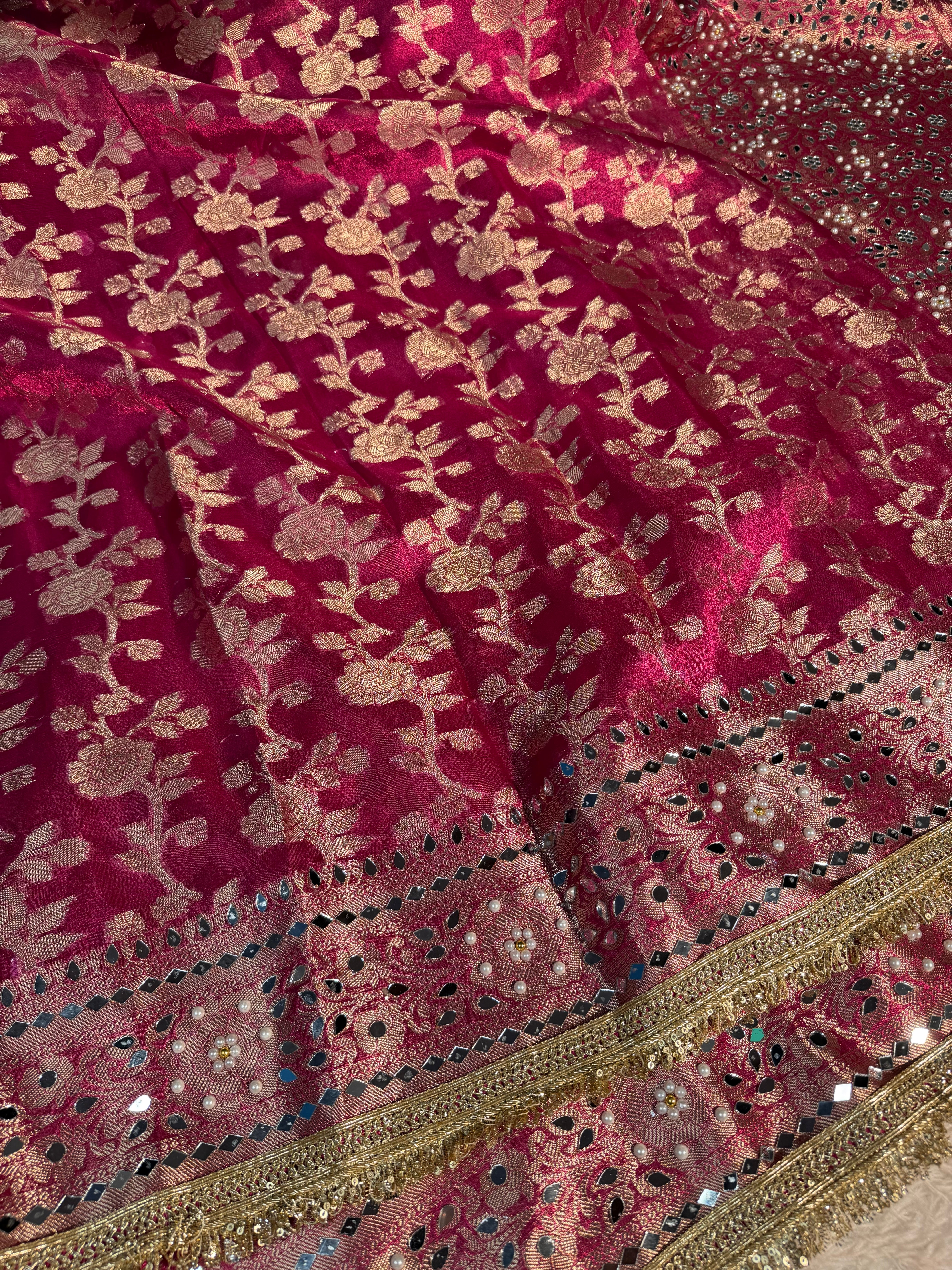 Metallic Rani Pink Premium Tissue Silk Saree Hand Mirror Work with Lace Attached