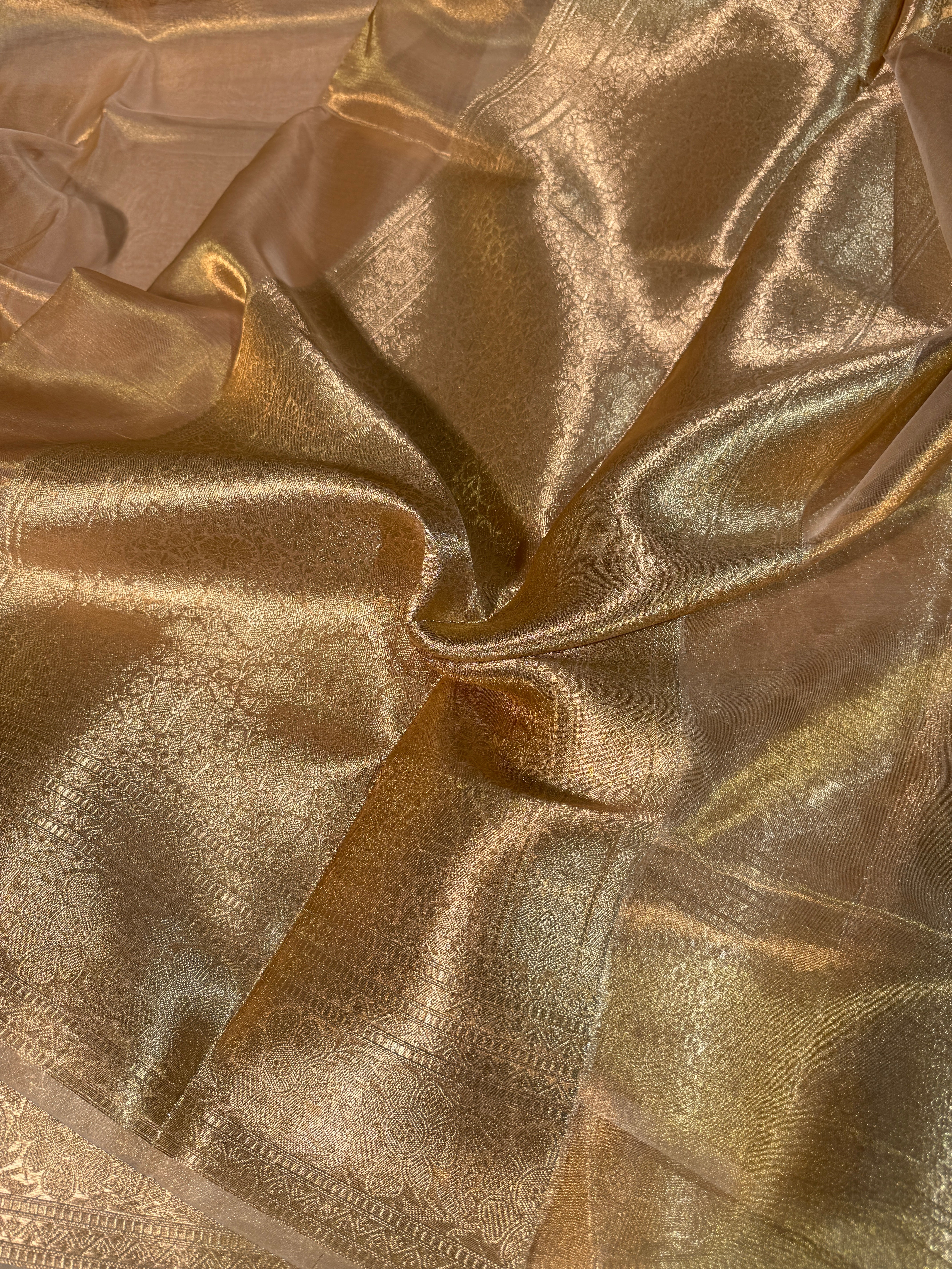 Metallic Gold Pure Tissue Silk Banarasi Saree with Traditional Weave Borders