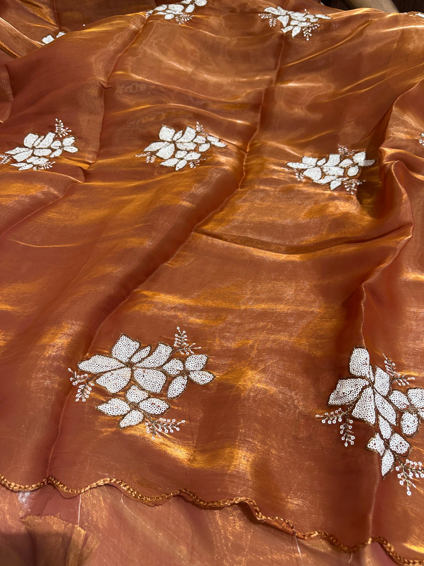 Beautiful Rust Bridal Tissue Silk Saree With Premium Sequence work