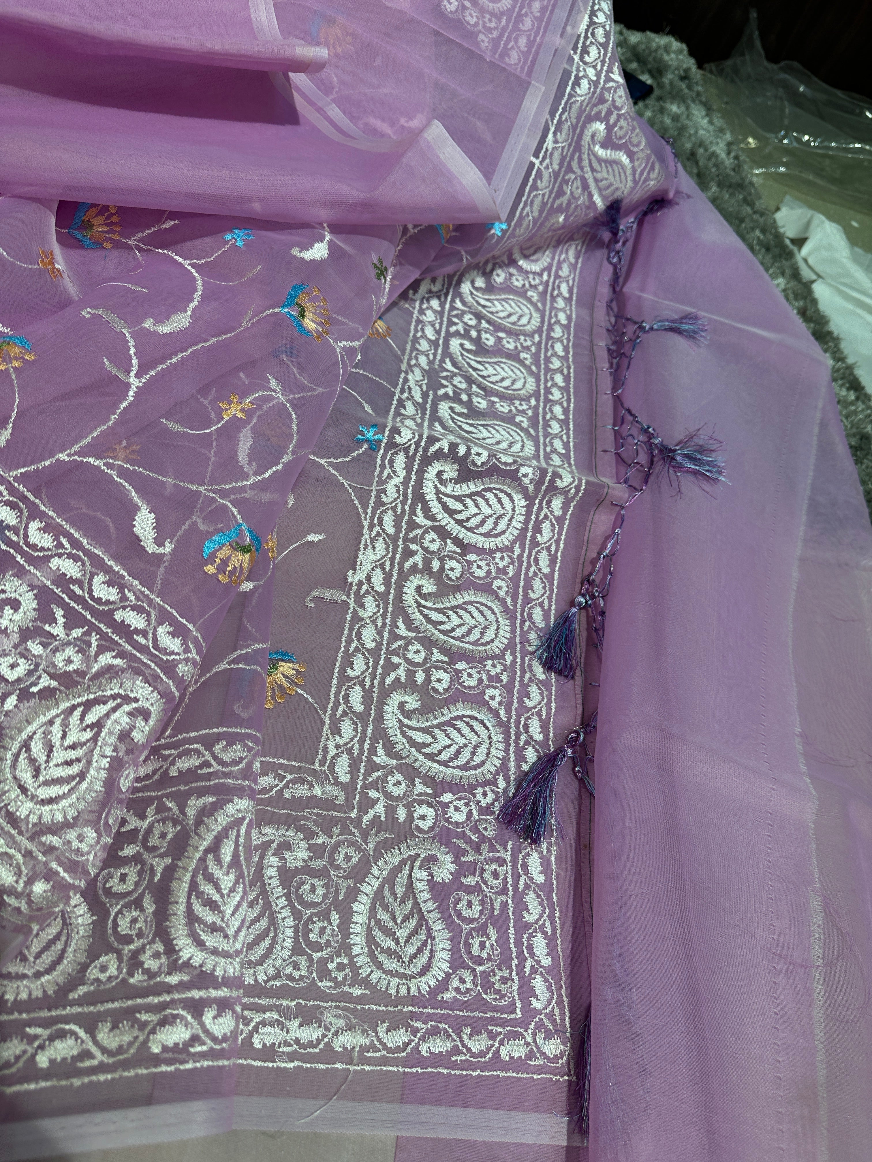 Pastel Lavendar Multi Floral Chikankari Banarasi Organza Silk Saree