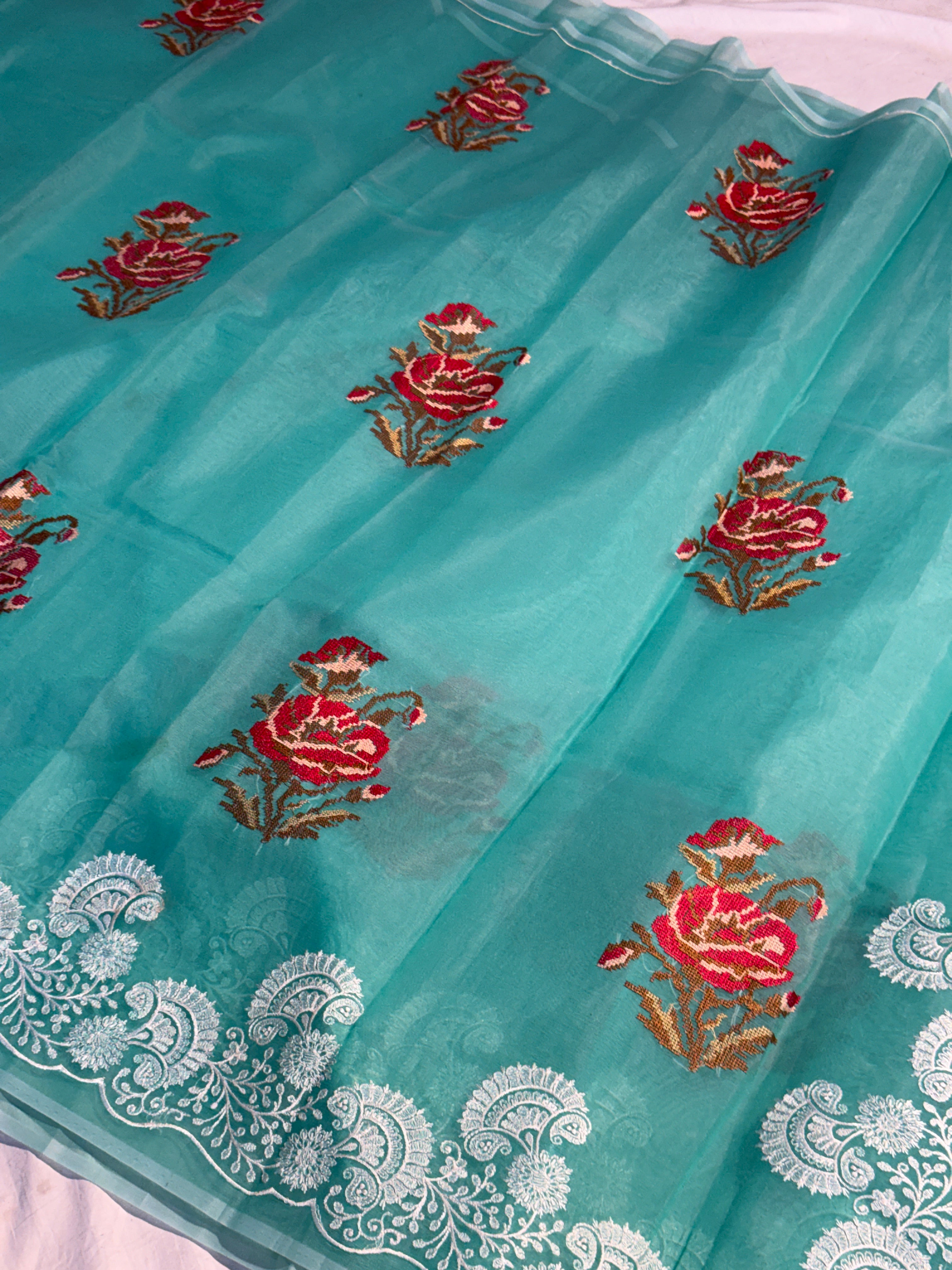 Pretty Seagreen Multi Floral Chikankari Banarasi Organza Silk Saree