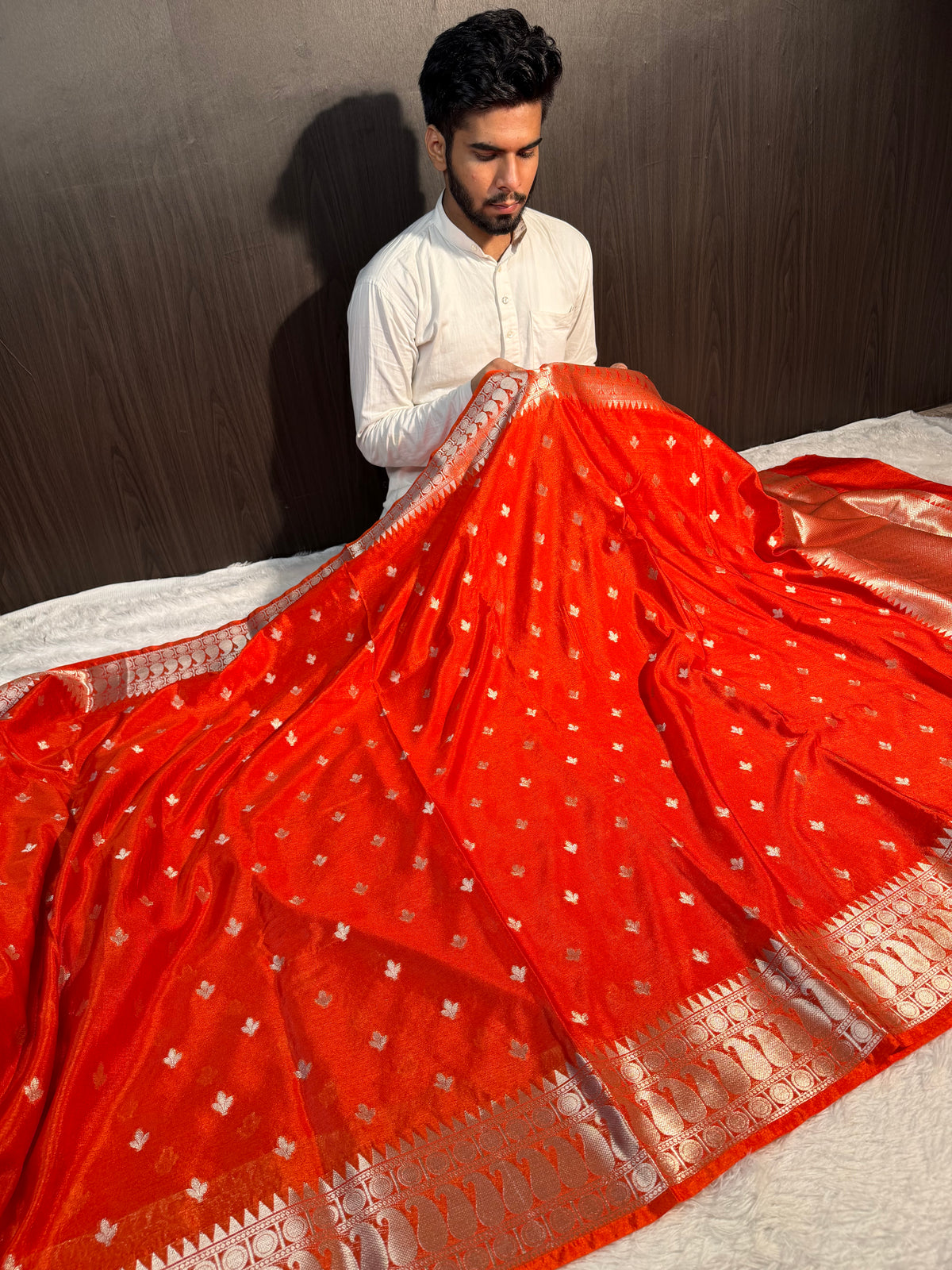 Rust Orange Premium Chiniya Silk Zari Buti Weave Banarasi Saree