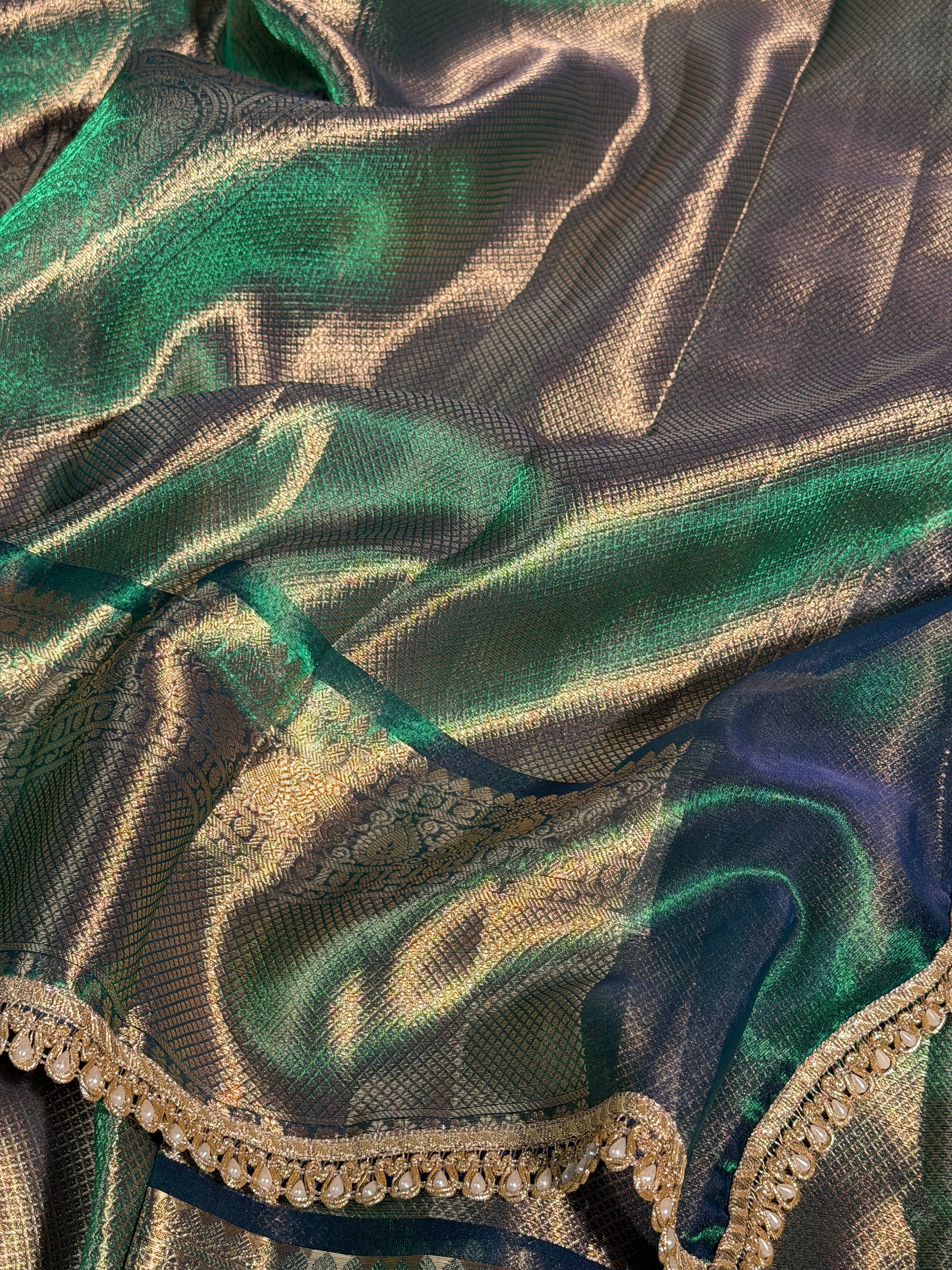 Metallic Sapphire Green Kanjeevaram Tissue Silk Banarasi Saree with Moti Lace