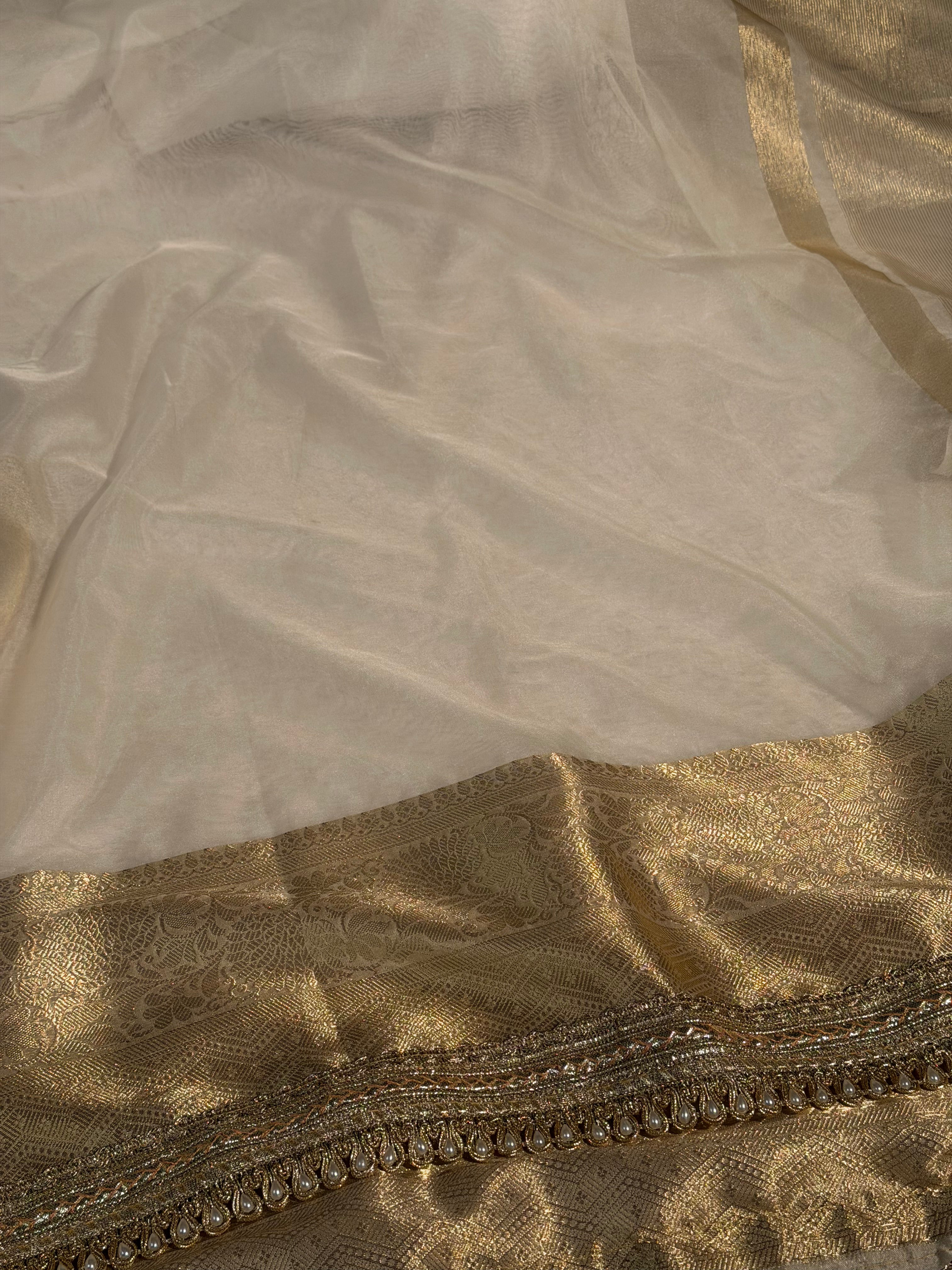 Light Cream Premium Organza Silk Banarasi Saree with Moti Lace