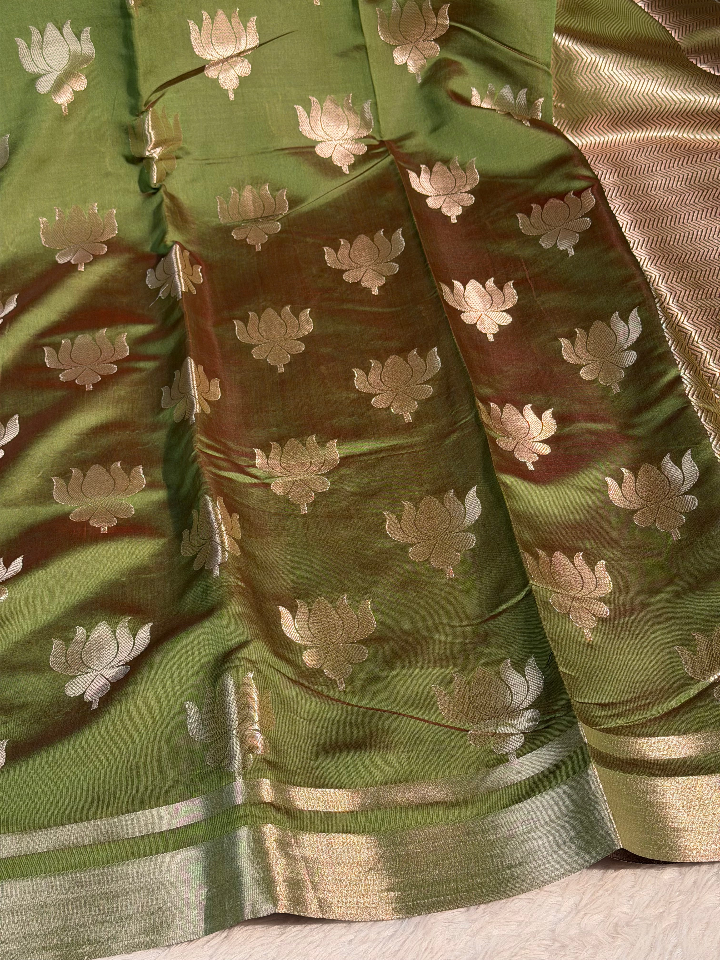 Mehendi Green Premium Soft Katan Silk Banarasi Saree with Lotus Buta Weave