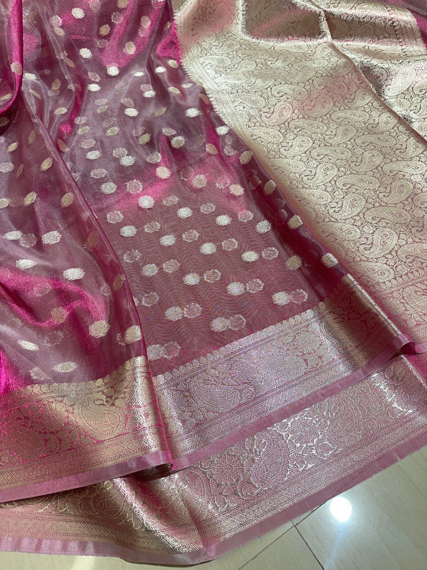 Beautiful Metallic Pink Colour Bridal Tissue Silk Saree