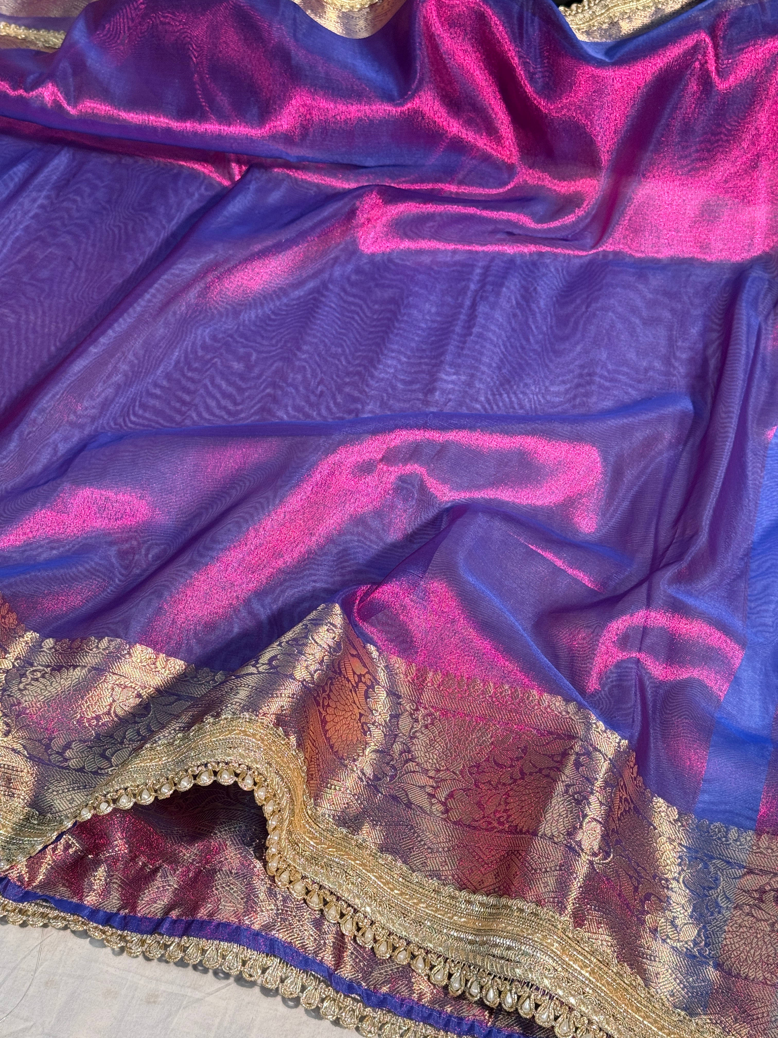 Rare Baigani Premium Tissue Silk Moti Lace Attached Banarasi Saree