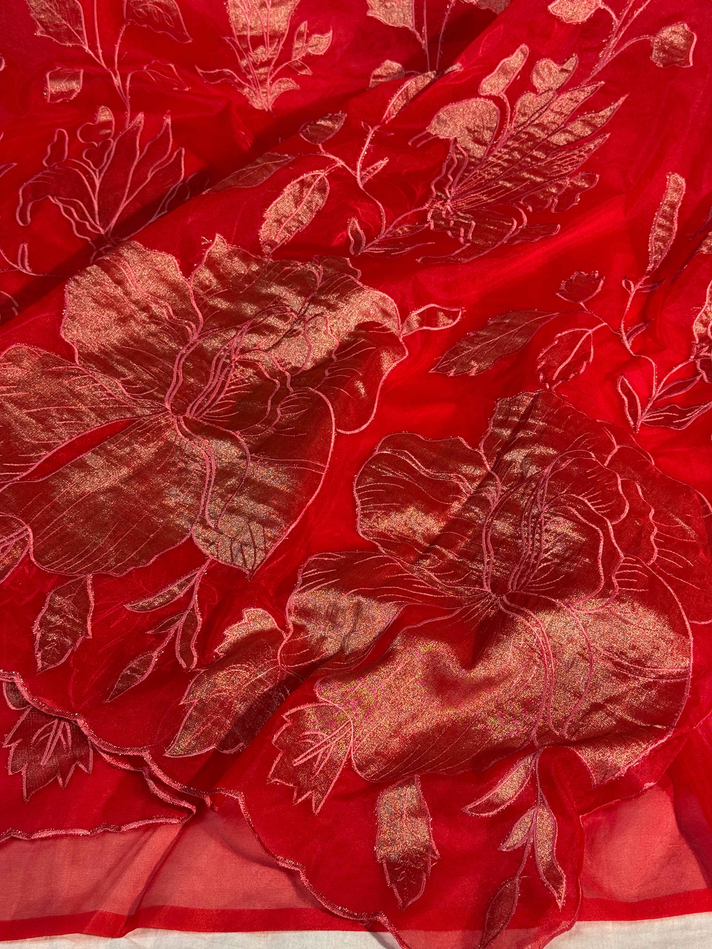 Bridal Red Premium Organza Silk Banarasi Saree with Tissue Applique Work