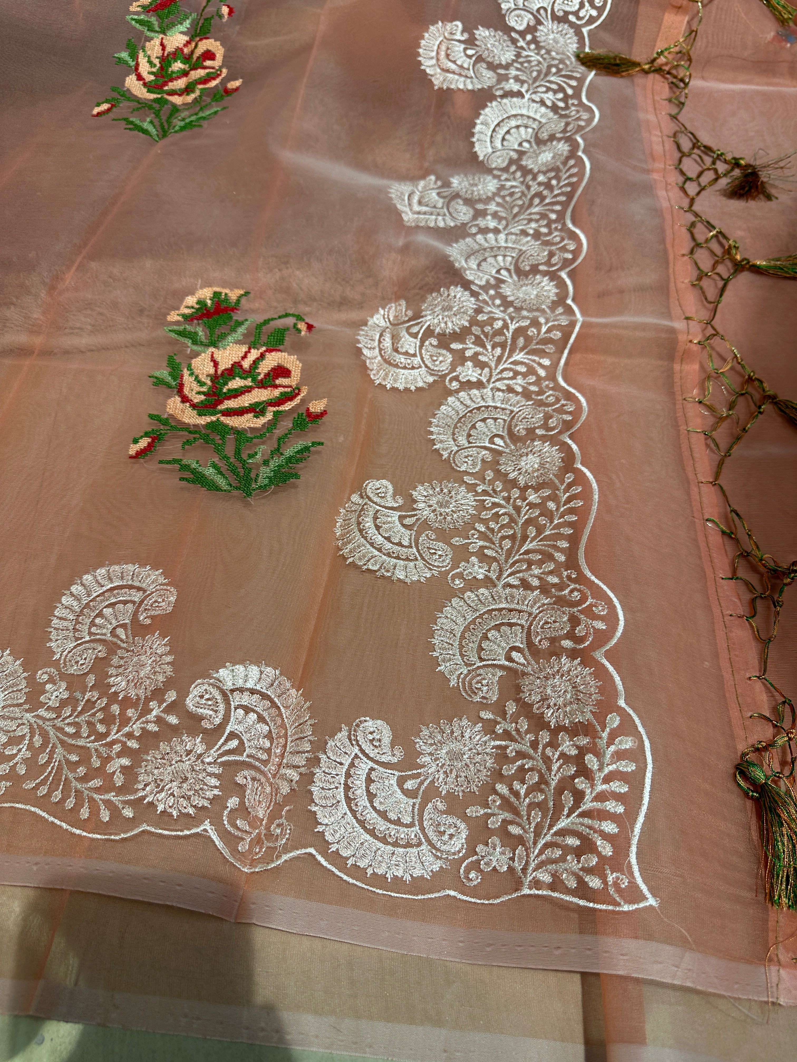 Pretty Peach Multi Floral Chikankari Banarasi Organza Silk Saree