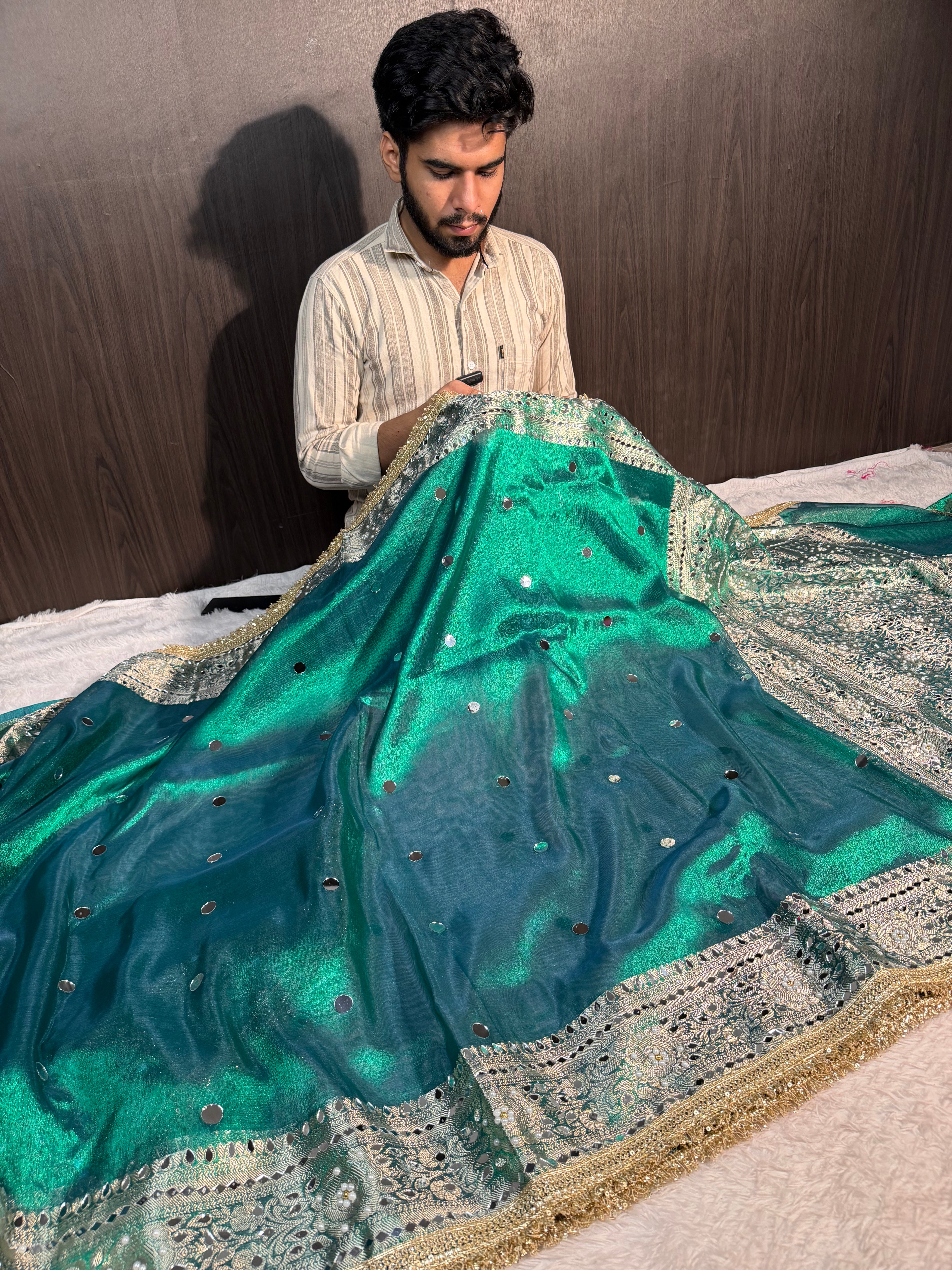 Metallic Sapphire Green Premium Tissue Silk Saree Hand Mirror Work with Lace Attached