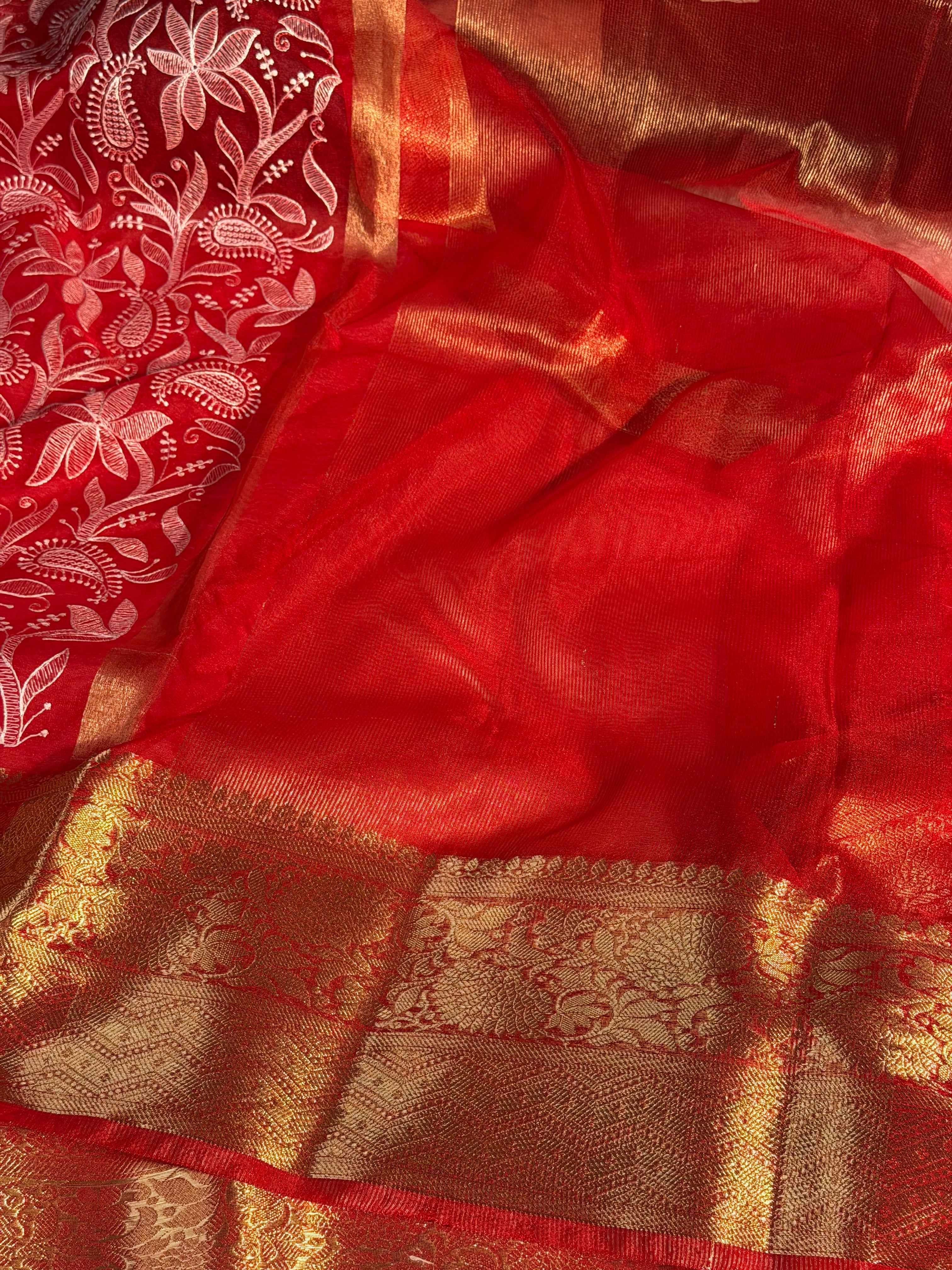 Bridal Red Premium Chikankari Organza Silk Banarasi Saree