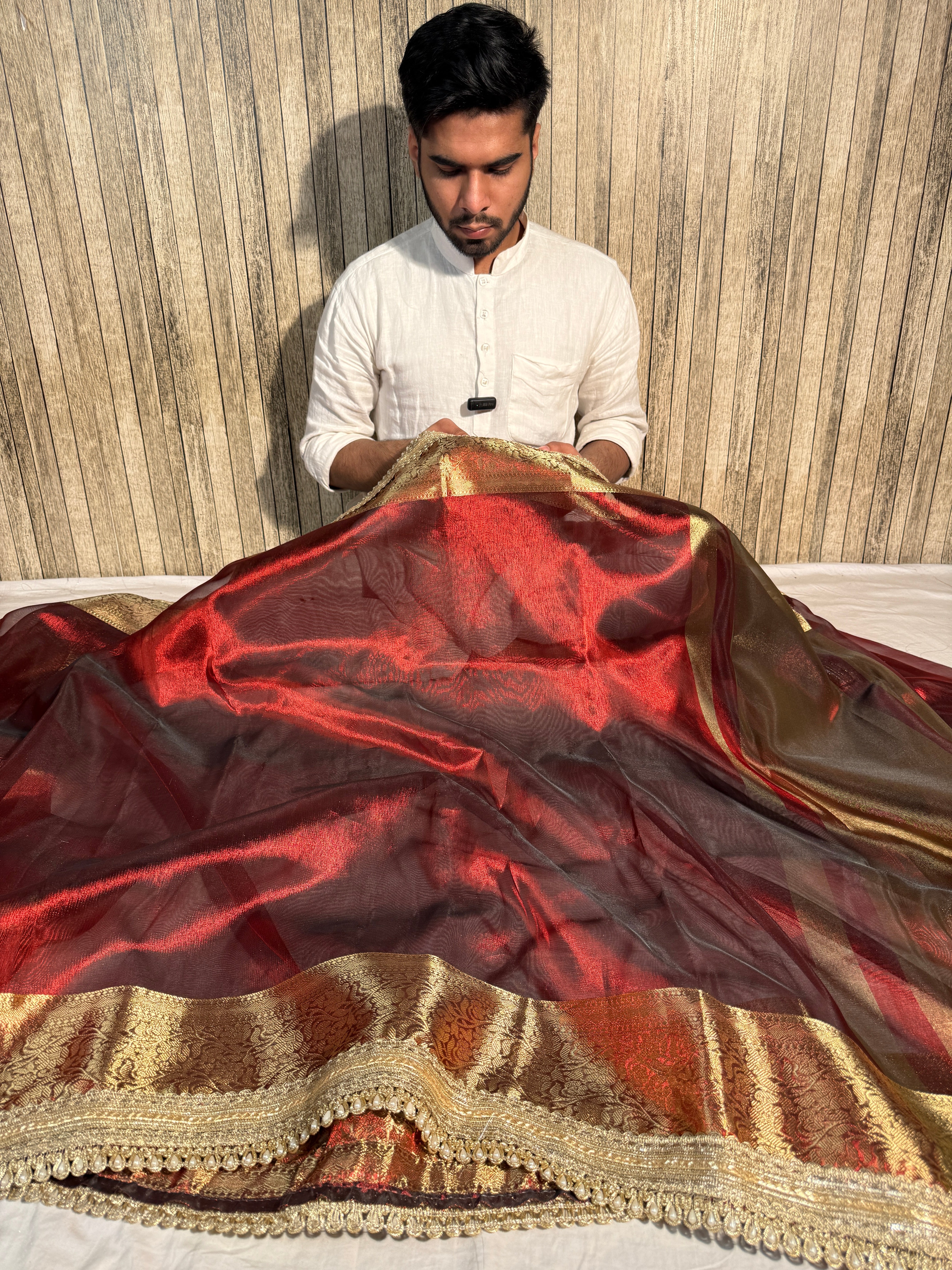 Metallic Maroon Premium Tissue Silk Moti Lace Attached Banarasi Saree