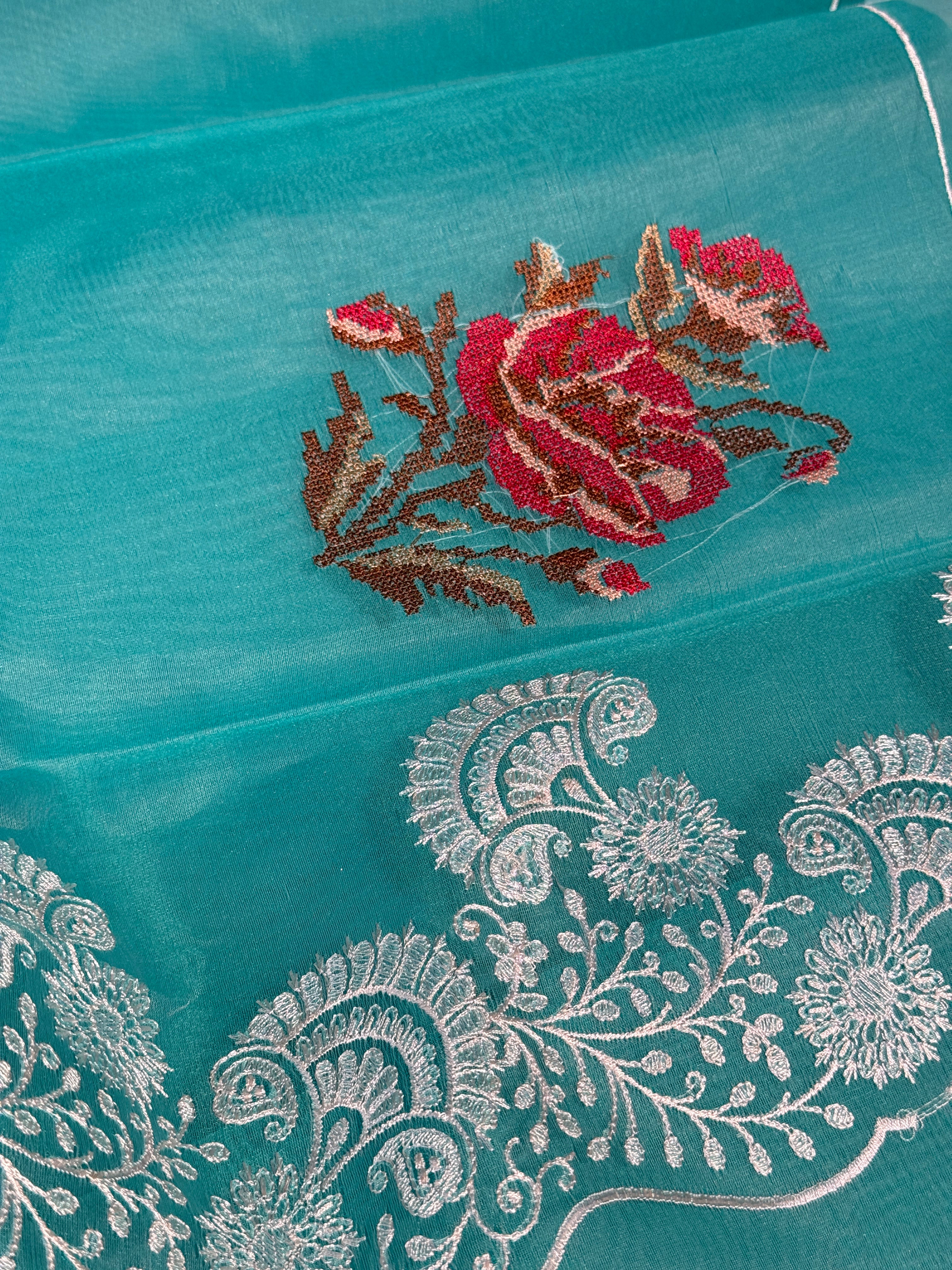 Pretty Seagreen Multi Floral Chikankari Banarasi Organza Silk Saree